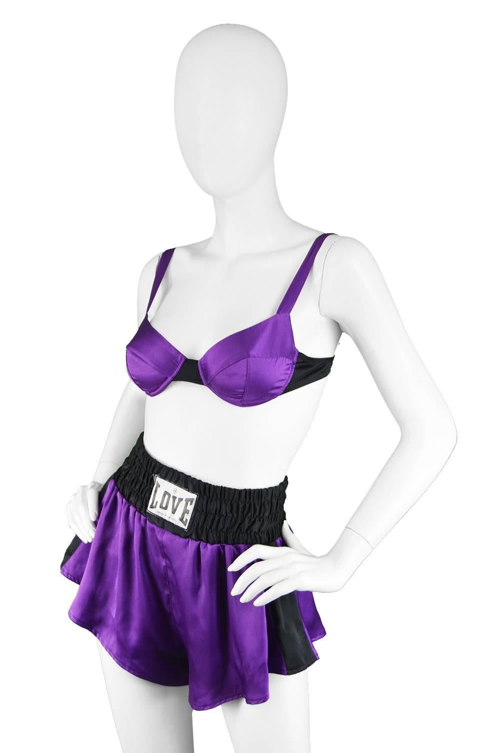 Women's Moschino Lingerie Vintage 1990s Purple Satin Bra & Boxer Style Shorts Set