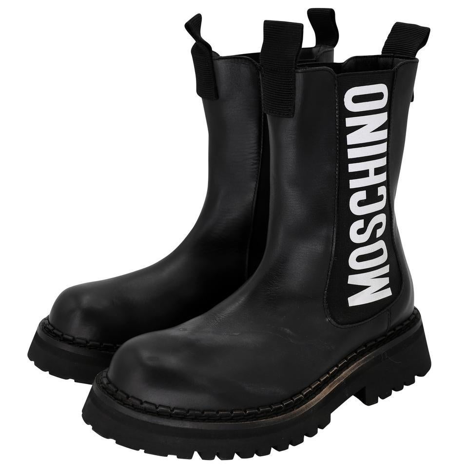 Black Moschino Logo 7 Leather Commando Short Boots MC-0819P-0002 For Sale