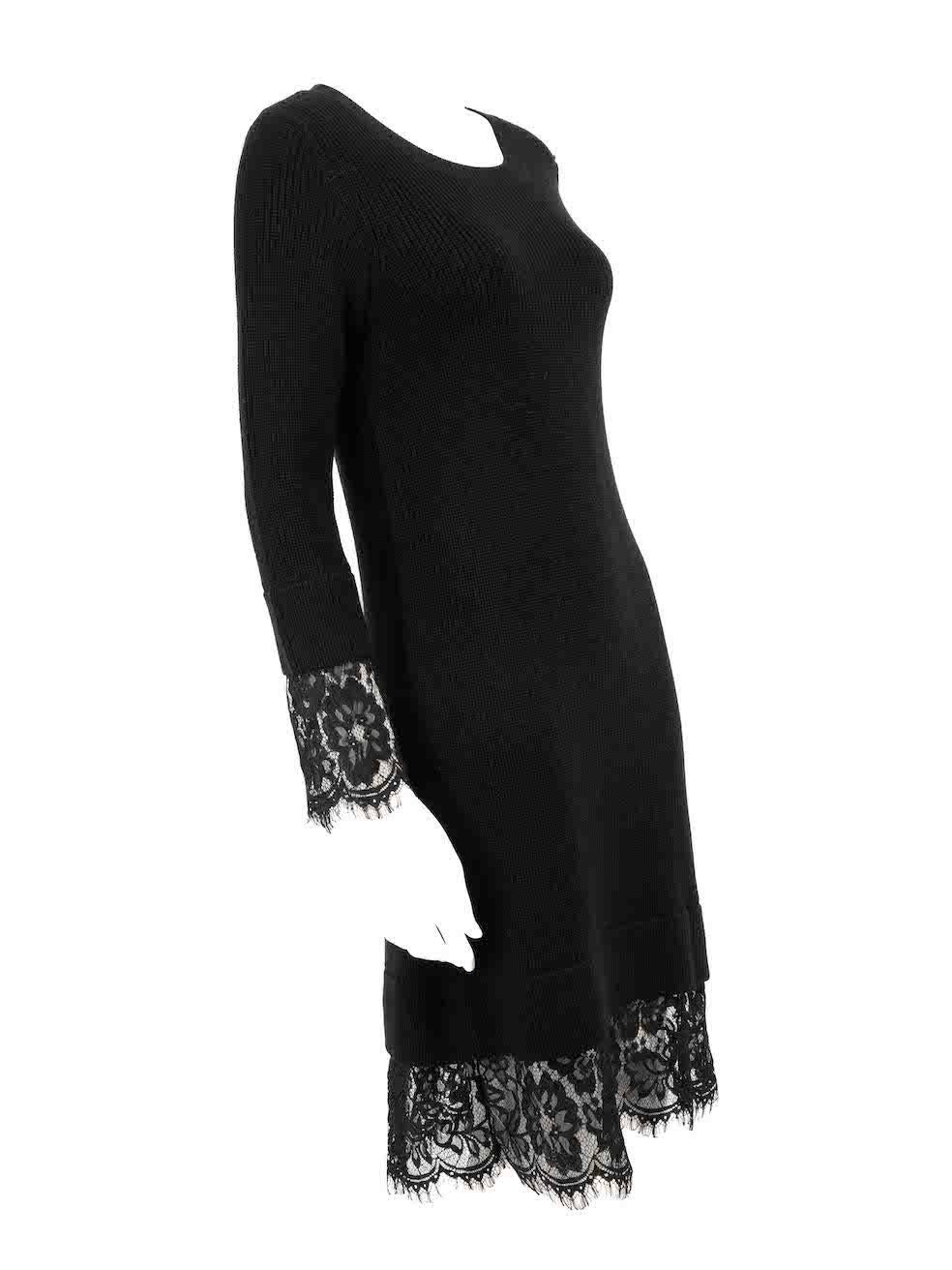 CONDITION is Never worn. No visible wear to dress is evident on this new Moschino designer resale item.
 
 Details
 Black
 Wool
 Knit dress
 Mini
 Long sleeves
 Lace trim
 Round neck
 
 
 Made in China
 
 Composition
 50% Wool, 50% Acrylic
 
 Care