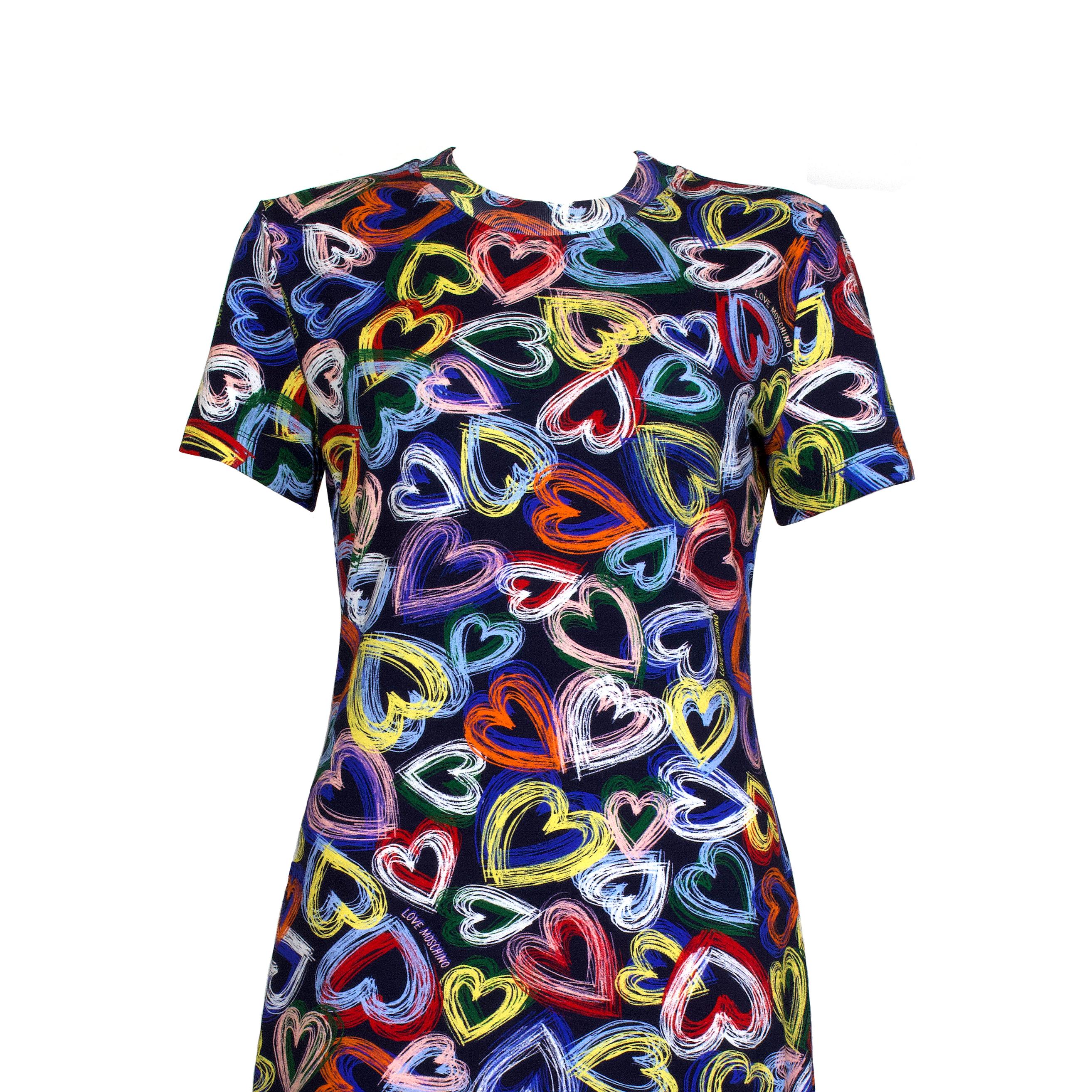 Product Details: Love Moschino - ‘Multi Heart’ Dress - Navy Blue / Orange, Yellow, Red, Pink, Pale Blue, Green ‘Heart + Love Moschino’ Print -  Ribbed Neckline Detail - NEW With Tags
Label: Love Moschino
Fabric Content: Cotton Elastane Mix - Navy