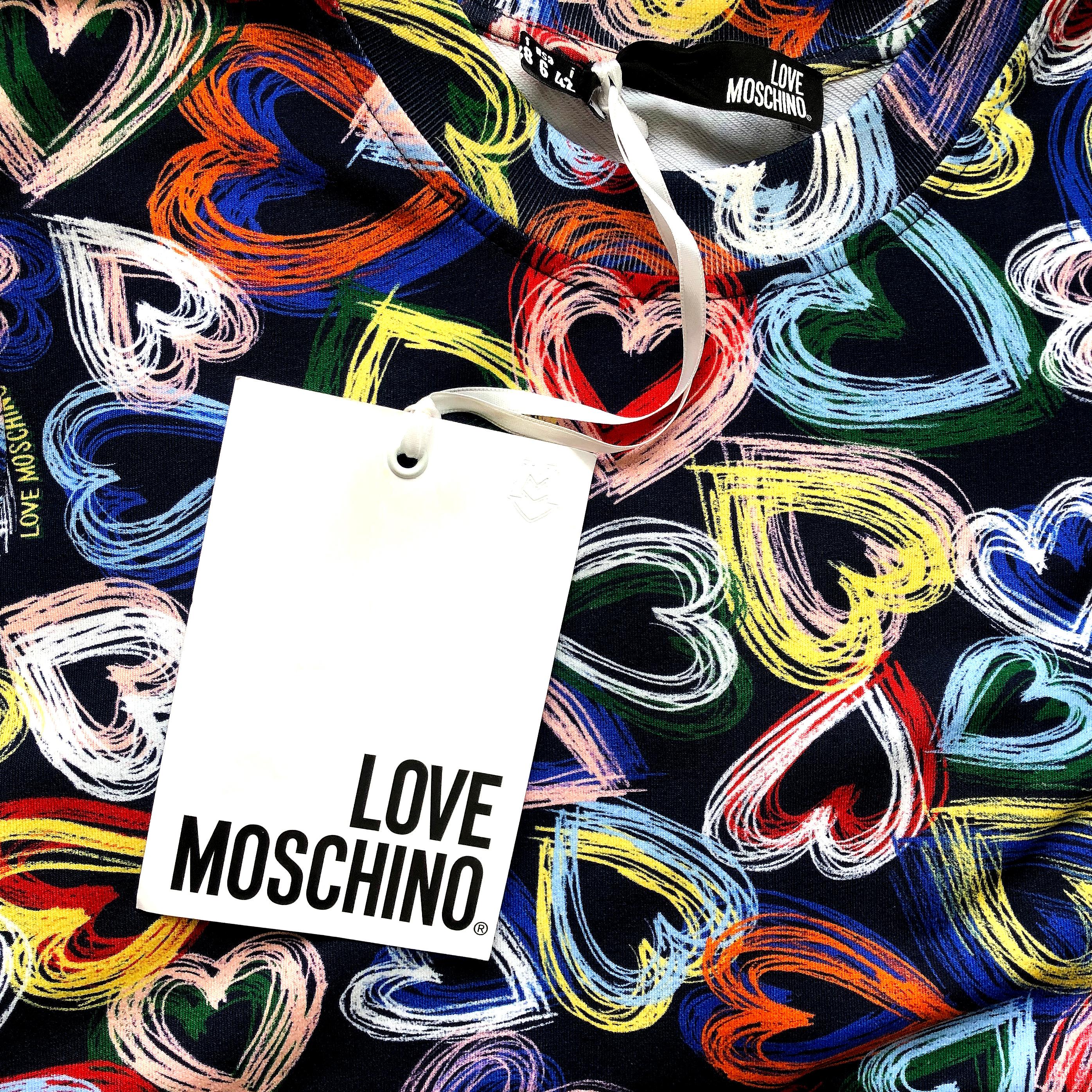 Black Moschino Love - ‘Multi Heart’ Dress - 'Love Moschino’ Print - Ribbed Collar NEW