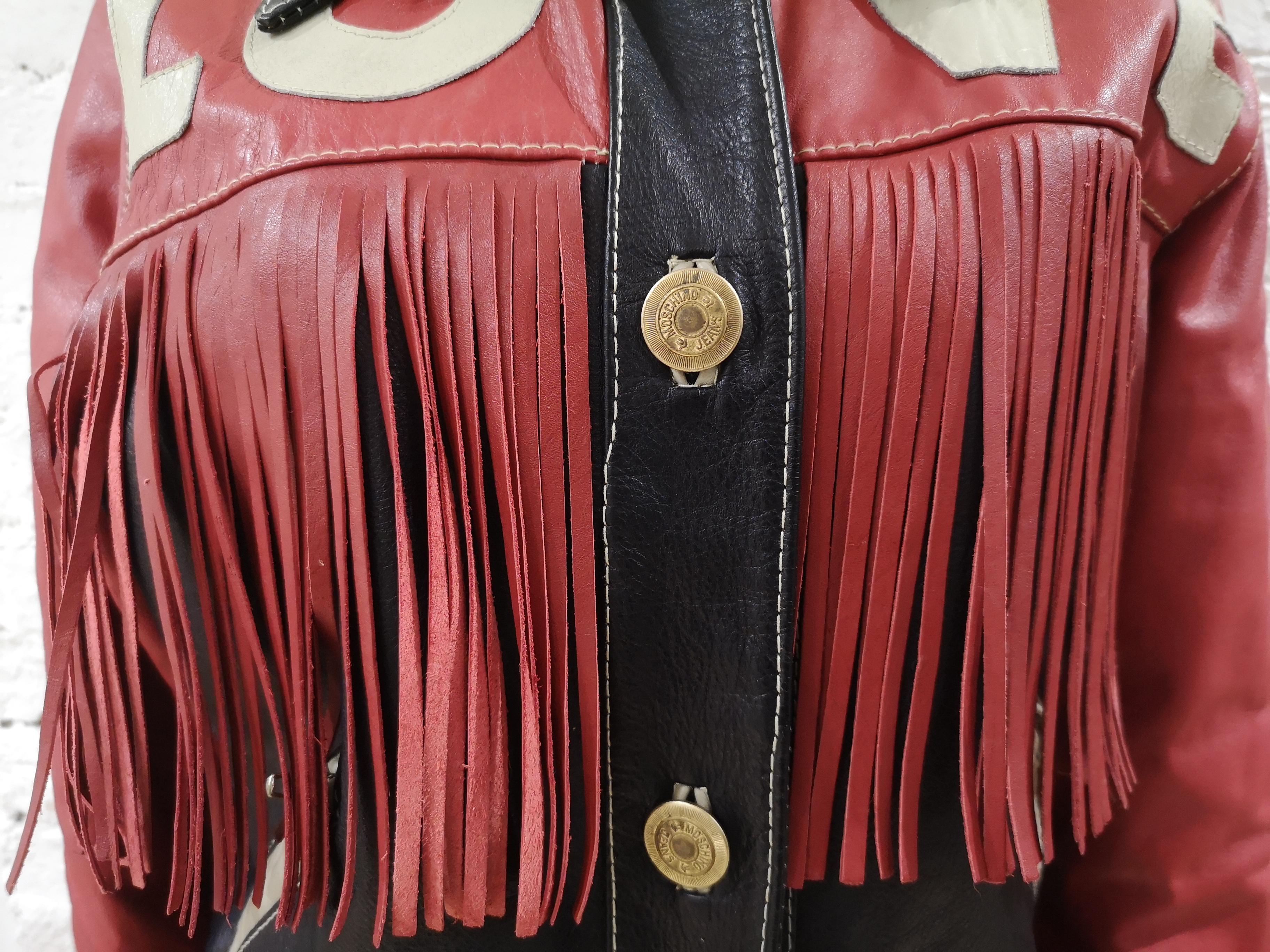 Moschino Love Red Black Leather fringes jacket In Excellent Condition In Capri, IT