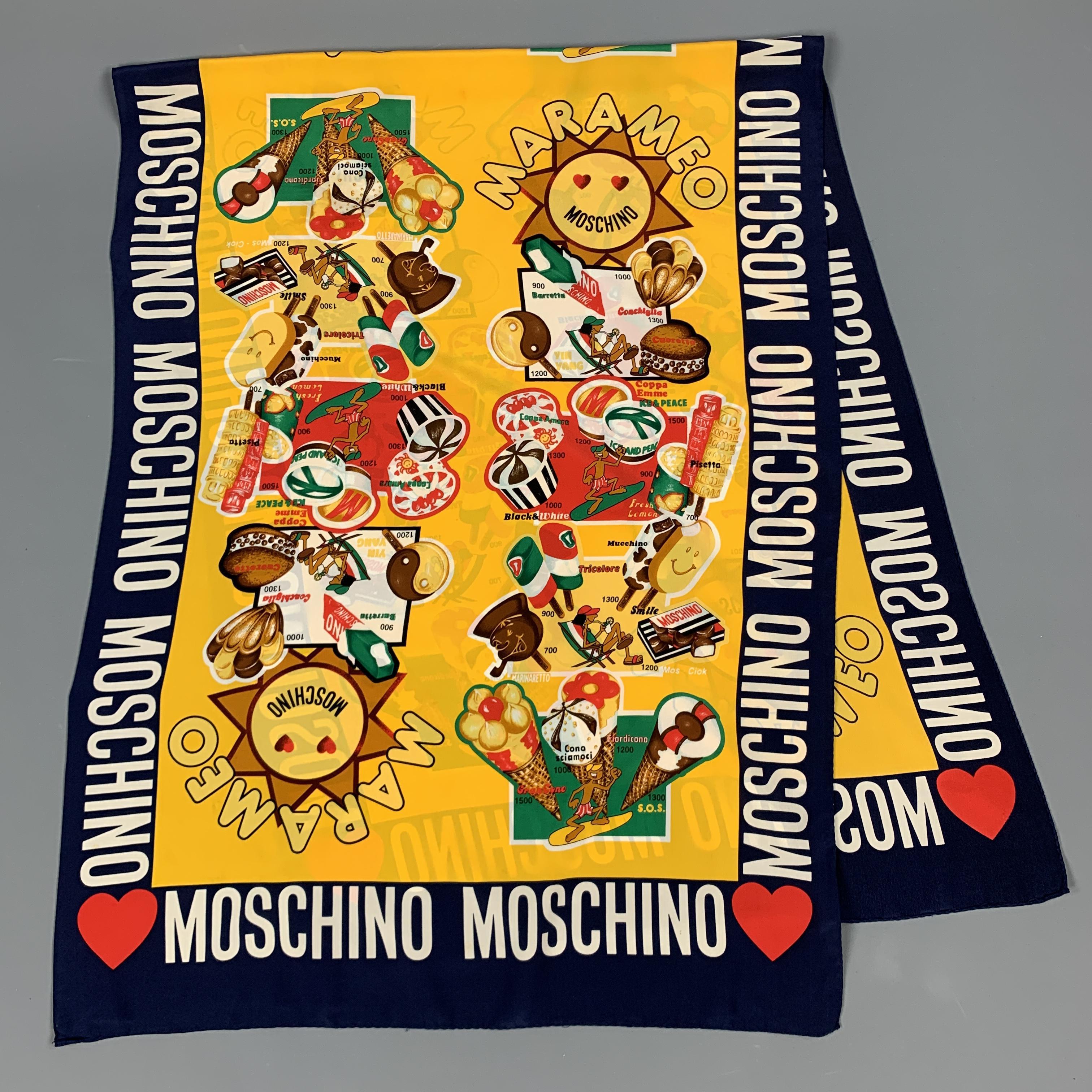 MOSHINO scarf comes in yellow silk with an all over MARAMEO Italian ice cream motif print. Spots throughout. Tag Removed. As-is. 

Good Pre-Owned Condition.

69 x 27 in.
