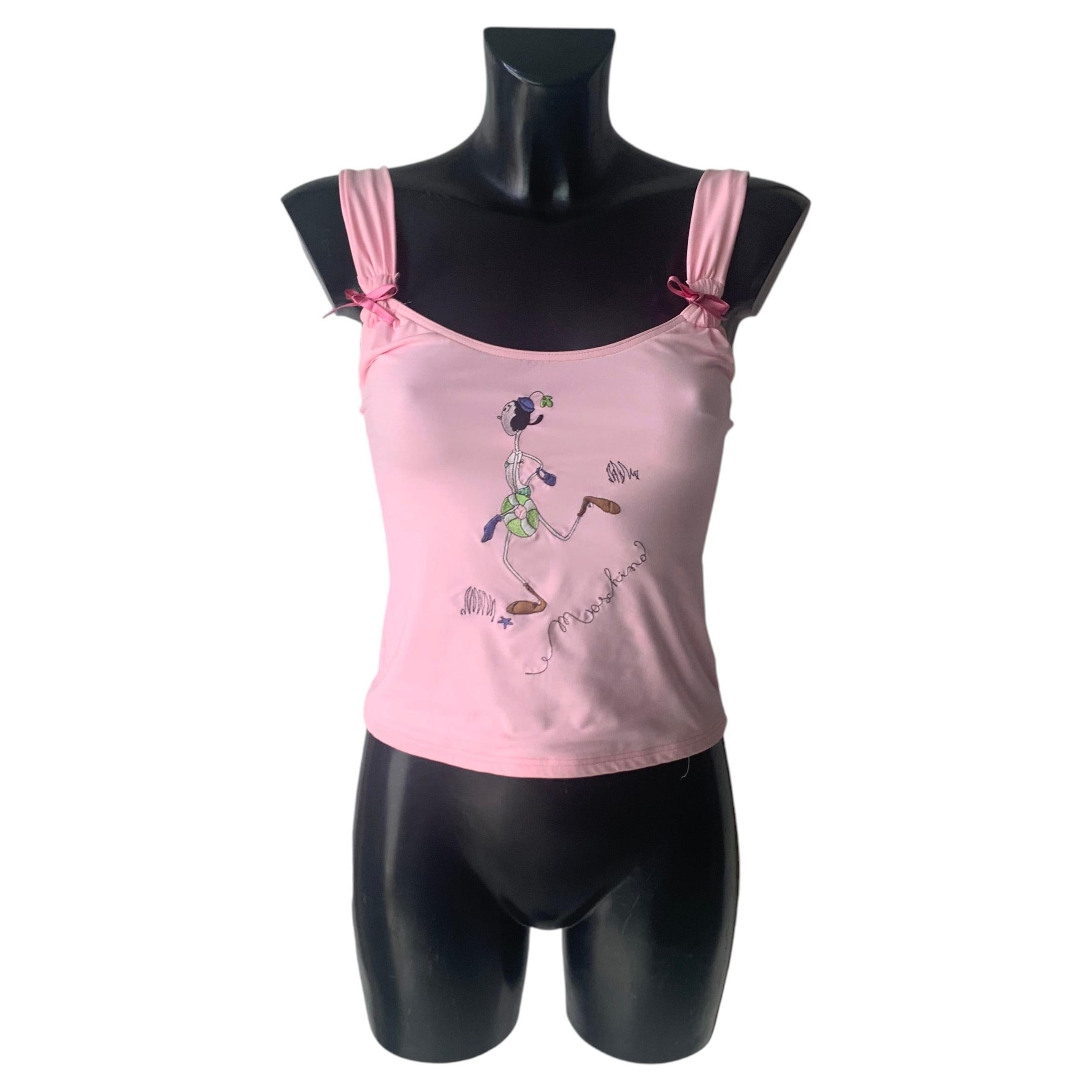 Moschino Mare Top Rosa Ricamato con Figura Stilizzata Nuovo Anni 2000