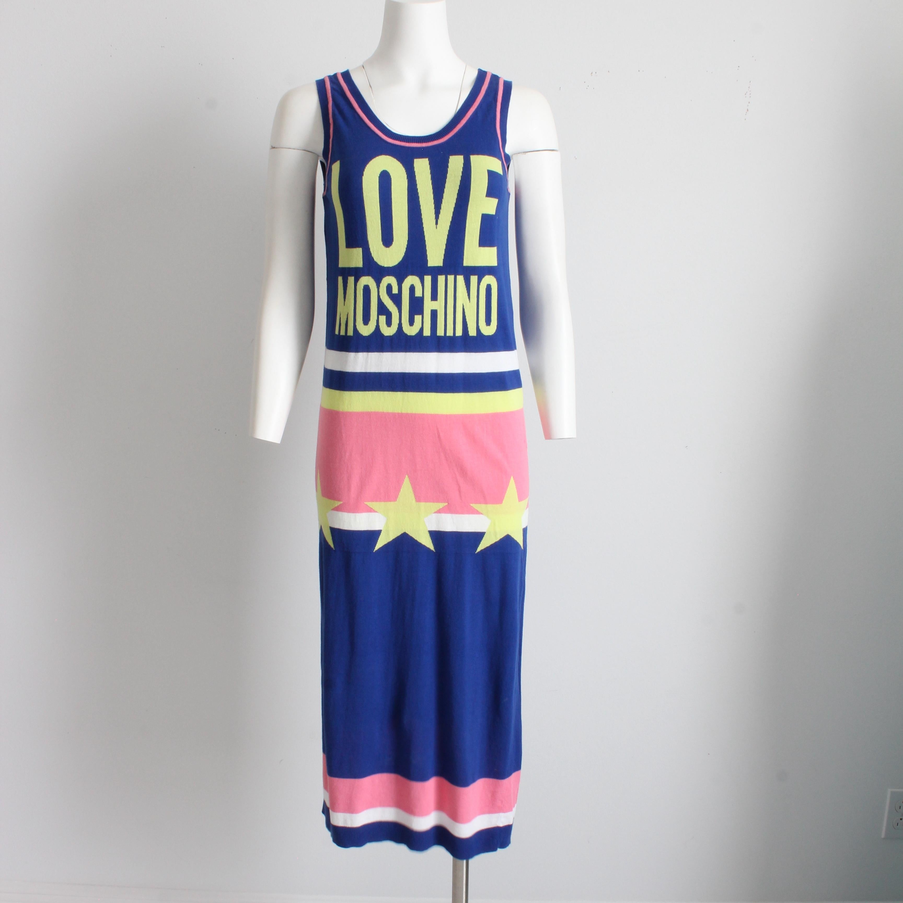 Preowned, almost vintage maxi dress by Moschino, made for their LOVE MOSCHINO line, most likely in the mid 2000s. 

Made from a soft cotton knit in blue and pink color block, it has sporty graphic stars and LOVE MOSCHINO at the chest. 

The perfect