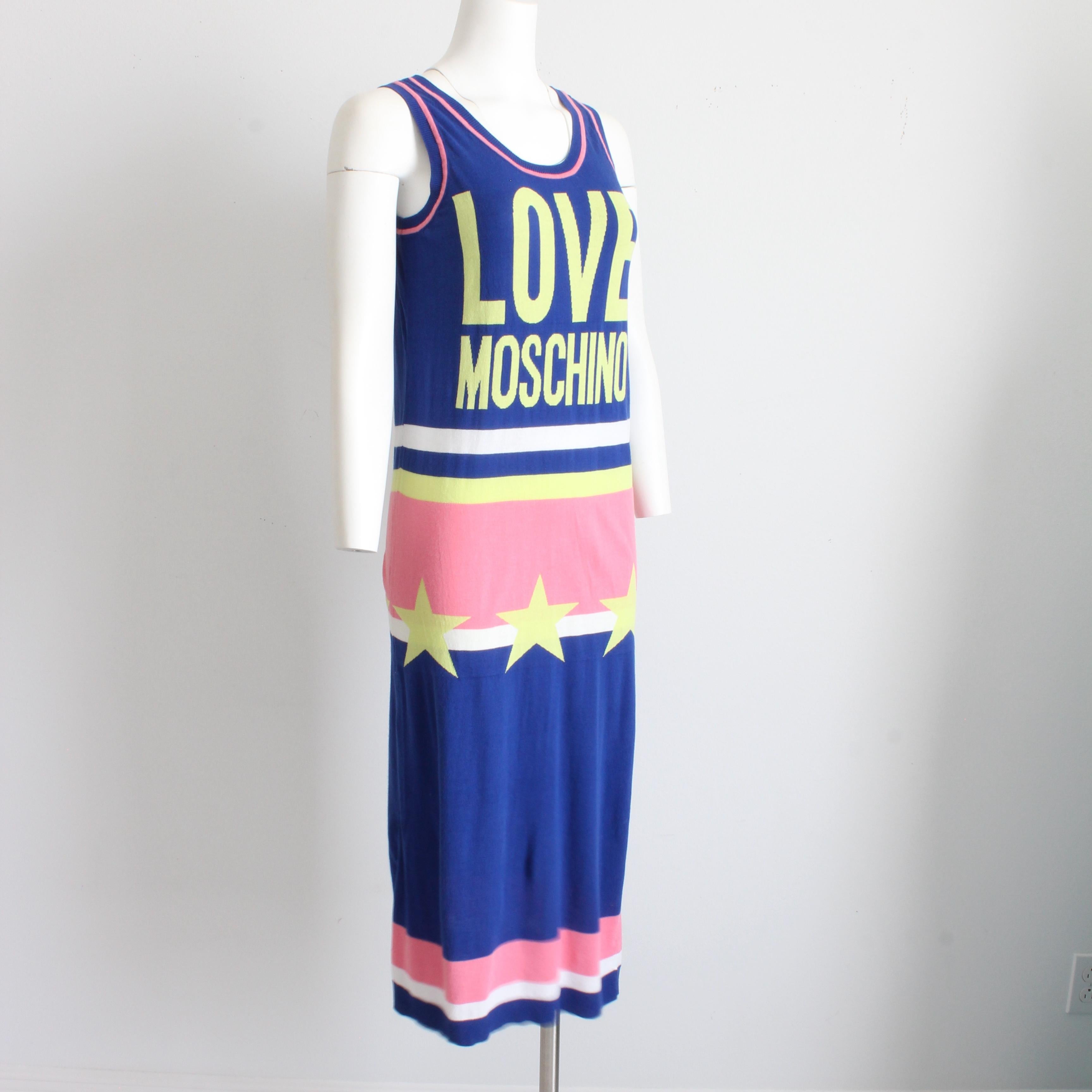 Moschino Maxi Dress Color Block All Stars Pink Blue Cotton Knit Sweater Sz 2 In Good Condition For Sale In Port Saint Lucie, FL