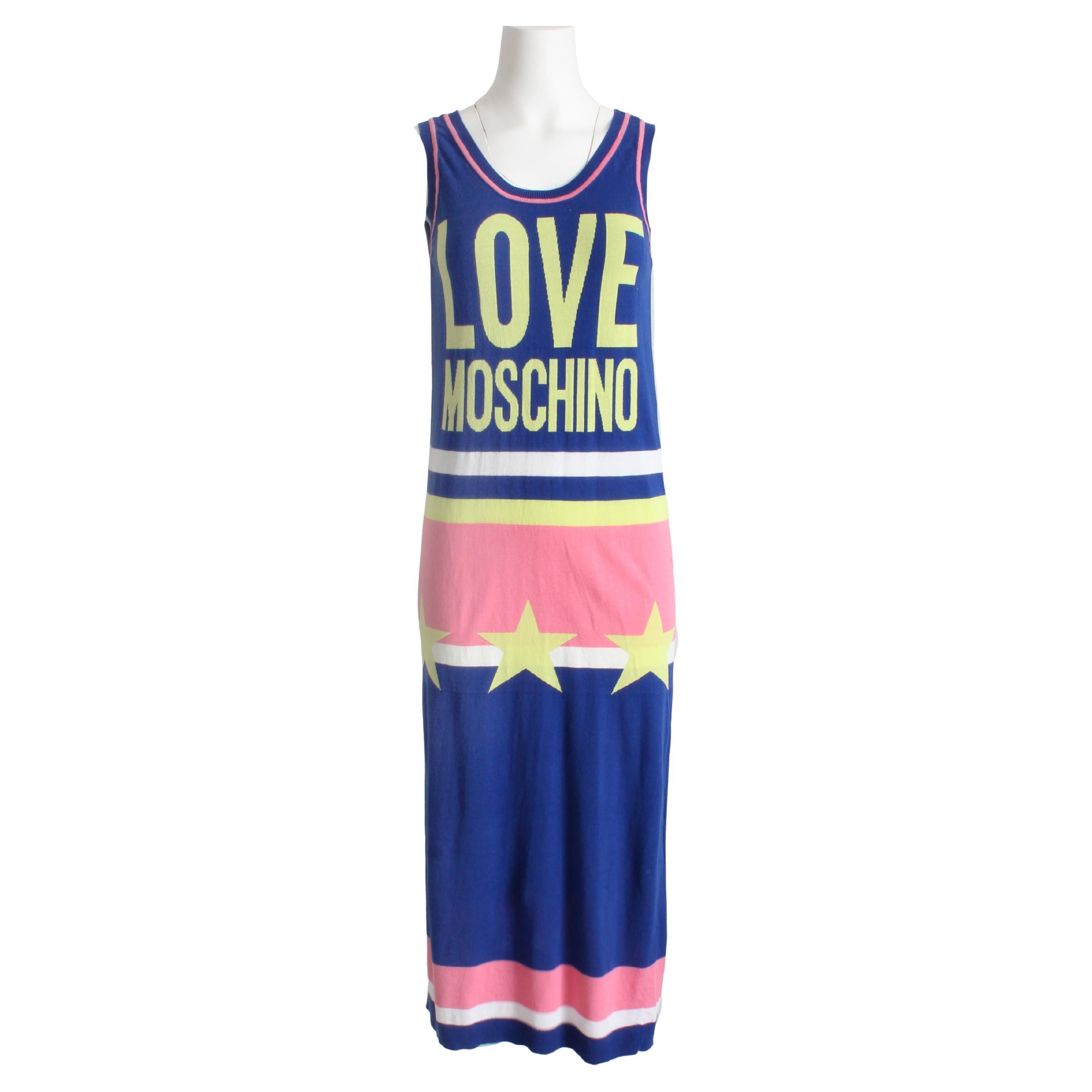 Moschino Maxi Dress Color Block All Stars Pink Blue Cotton Knit Sweater Sz 2 For Sale