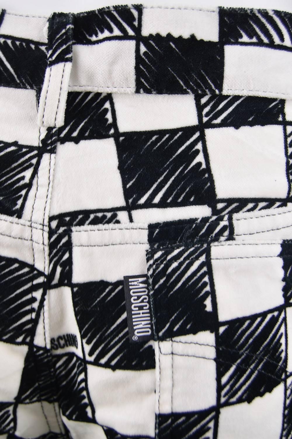 Moschino Men's Vintage Black and White Velvet Checkerboard Print Pants, 1990s In Excellent Condition For Sale In Doncaster, South Yorkshire