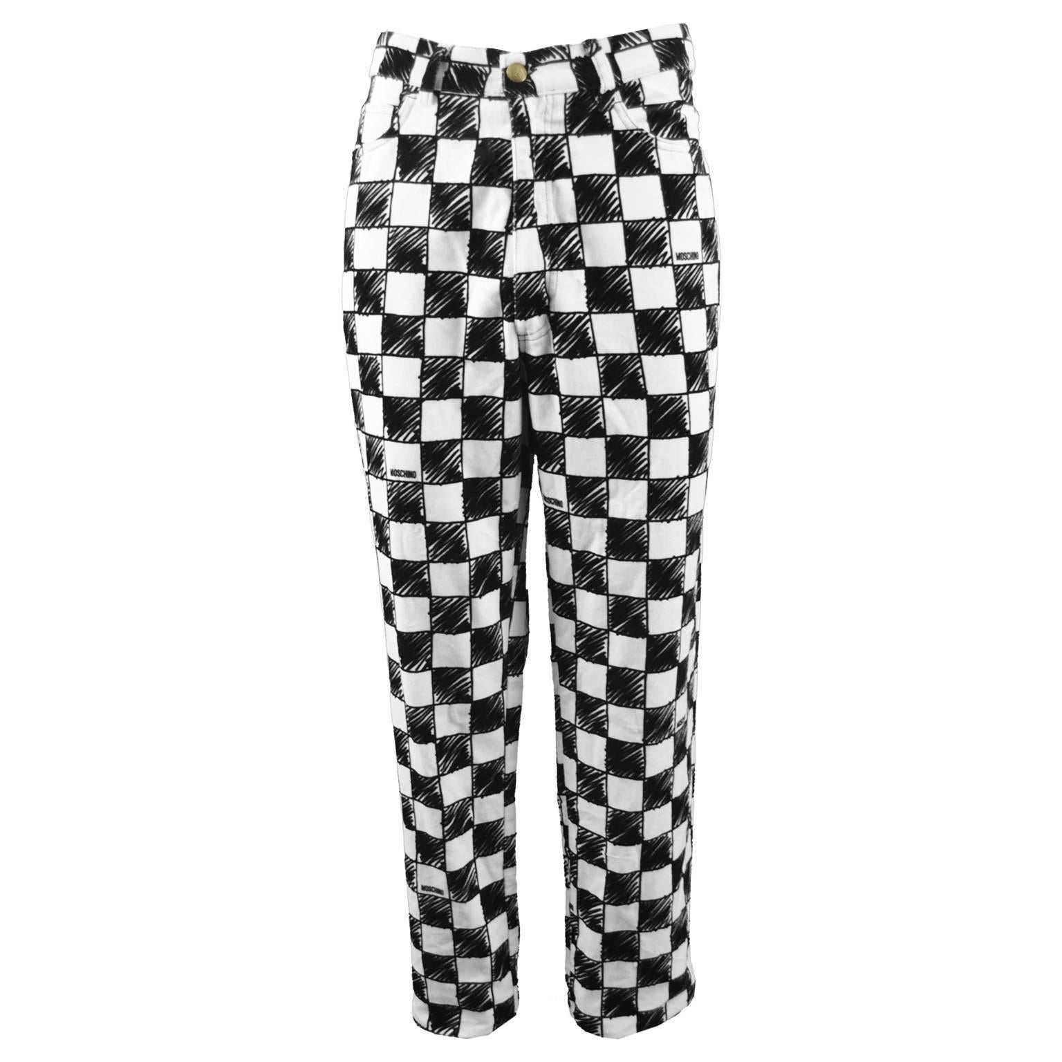 Moschino Men's Vintage Black and White Velvet Checkerboard Print Pants, 1990s For Sale