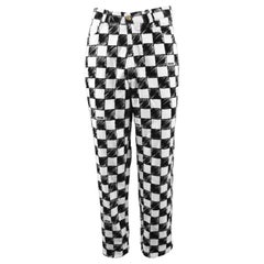 Moschino Men's Vintage Black and White Velvet Checkerboard Print Pants, 1990s