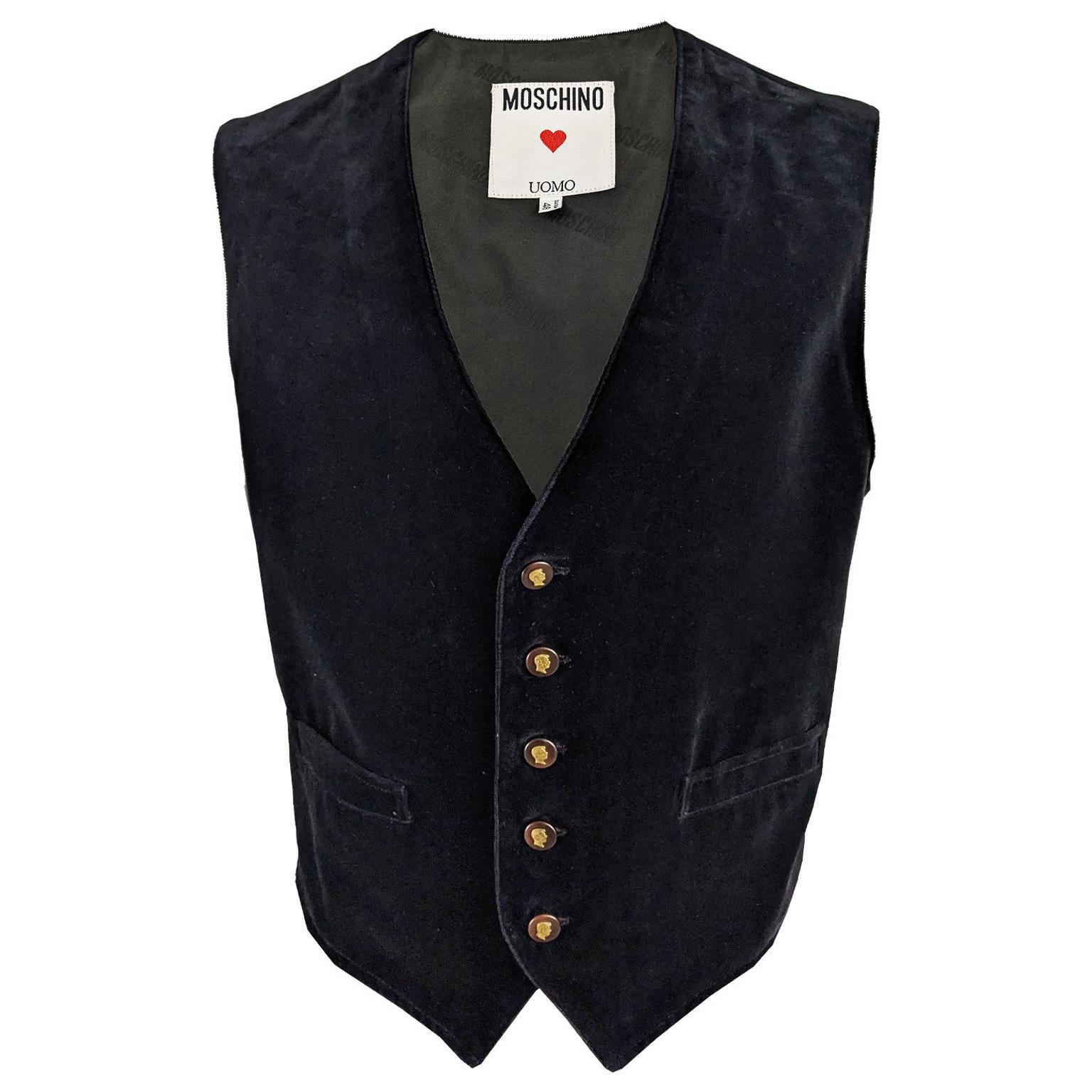 Moschino Mens Vintage Black Velvet Waistcoat Vest, 1980s