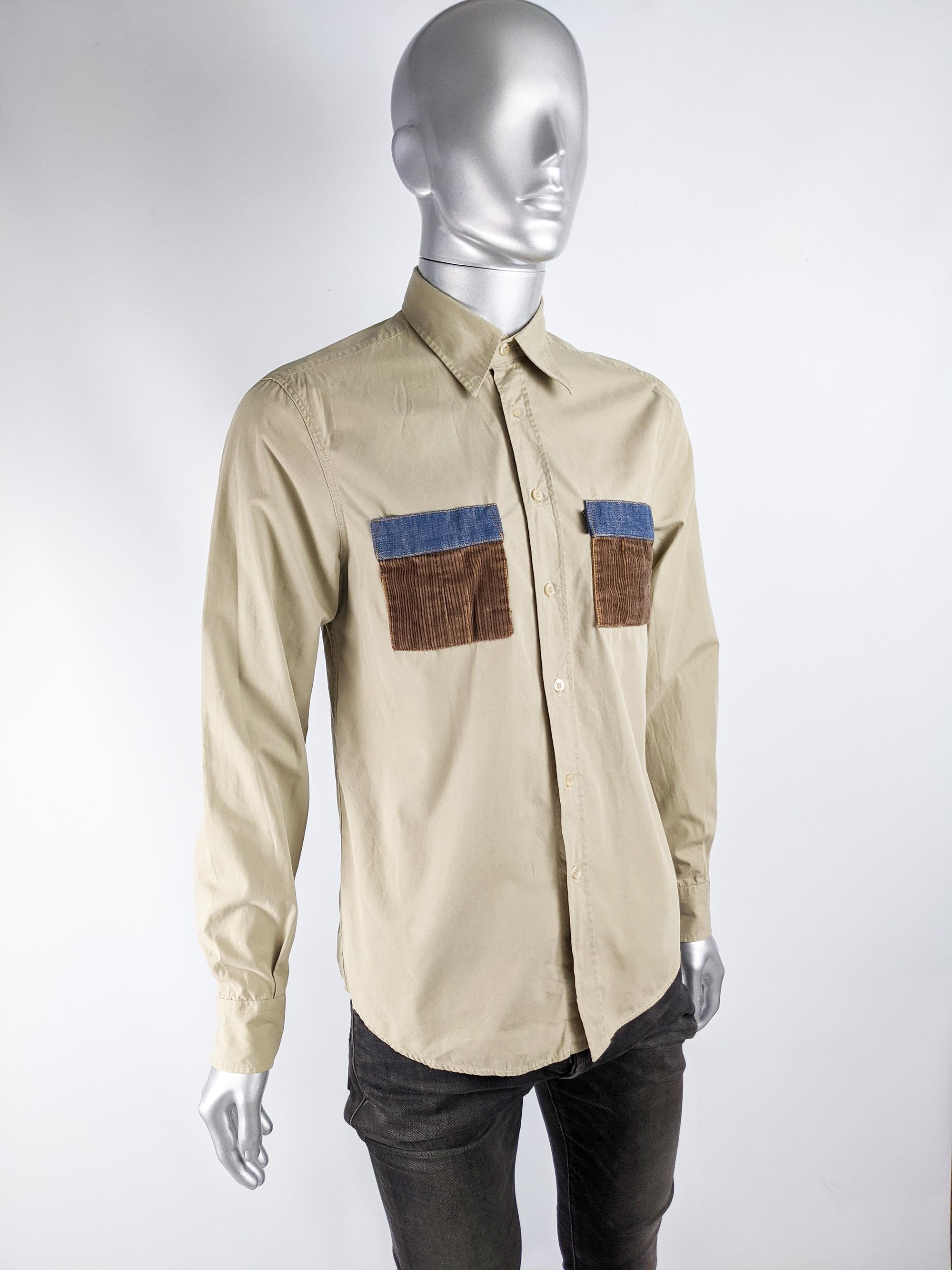 Beige Moschino Mens Vintage Denim & Corduroy Pocket Shirt For Sale