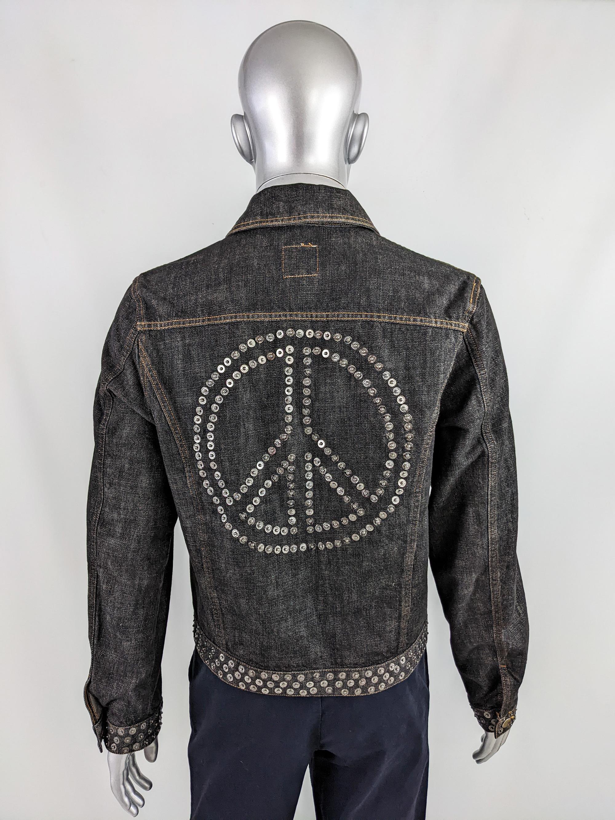 Moschino Mens Vintage Studded Peace Sign Black Denim Jean Jacket, 1990s 2