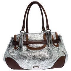 Moschino Metallic Silver Foil Leather Flap Satchel