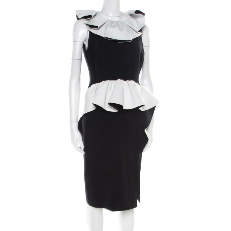 Black Moschino Monochrome Crepe Ruffled Trim Sleeveless Midi Dress M