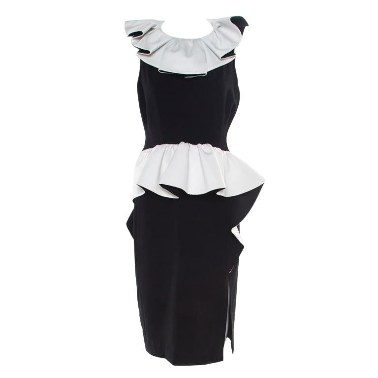 Moschino Monochrome Crepe Ruffled Trim Sleeveless Midi Dress M