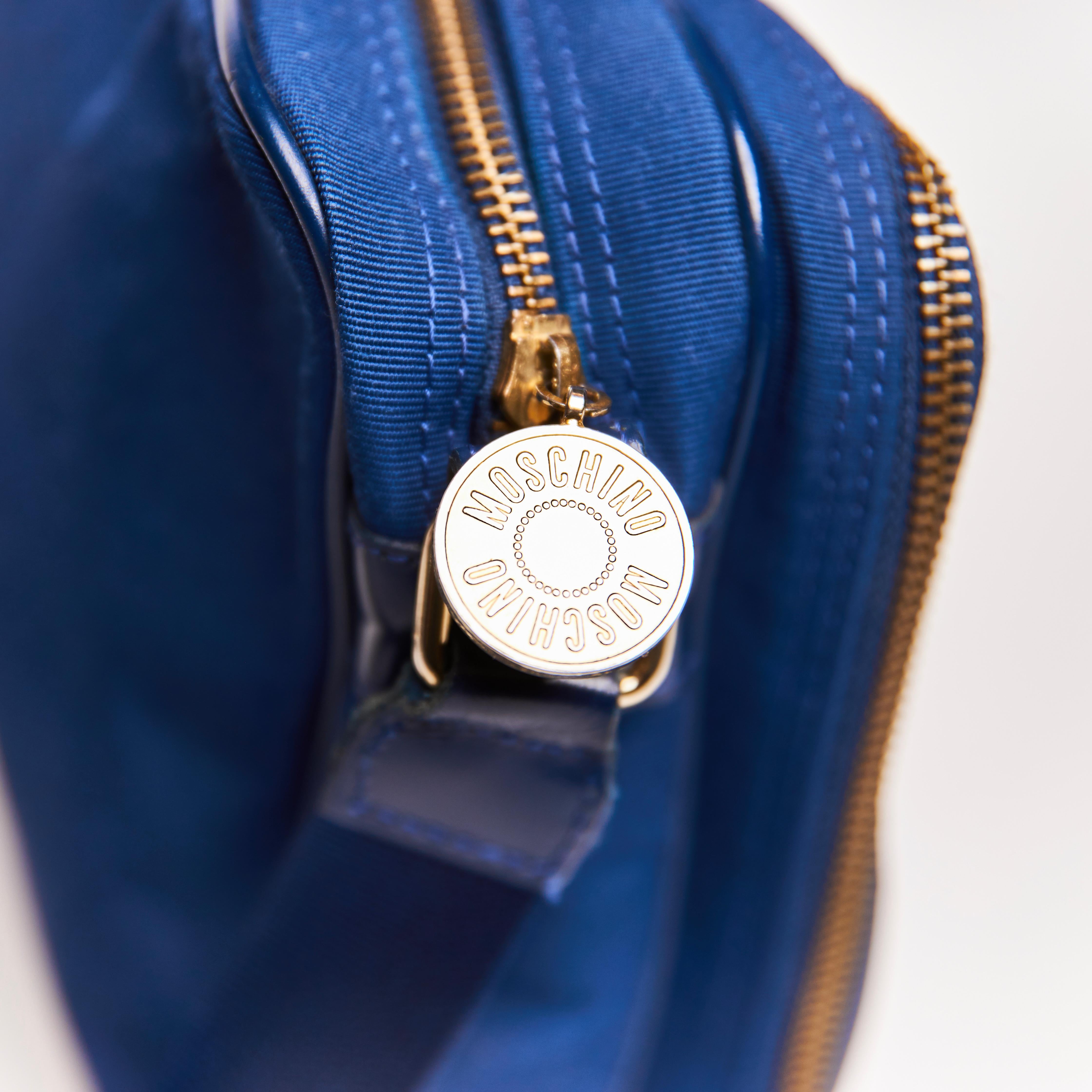 Women's or Men's Moschino Monogram Navy Blue Camera Bag For Sale