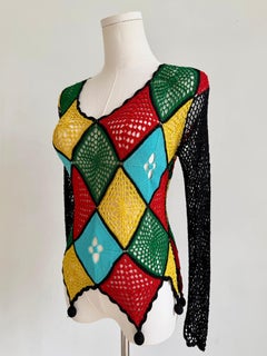 Moschino Multicolor Harlequin Crochet Patchwork Knit Top with Openwork Panels