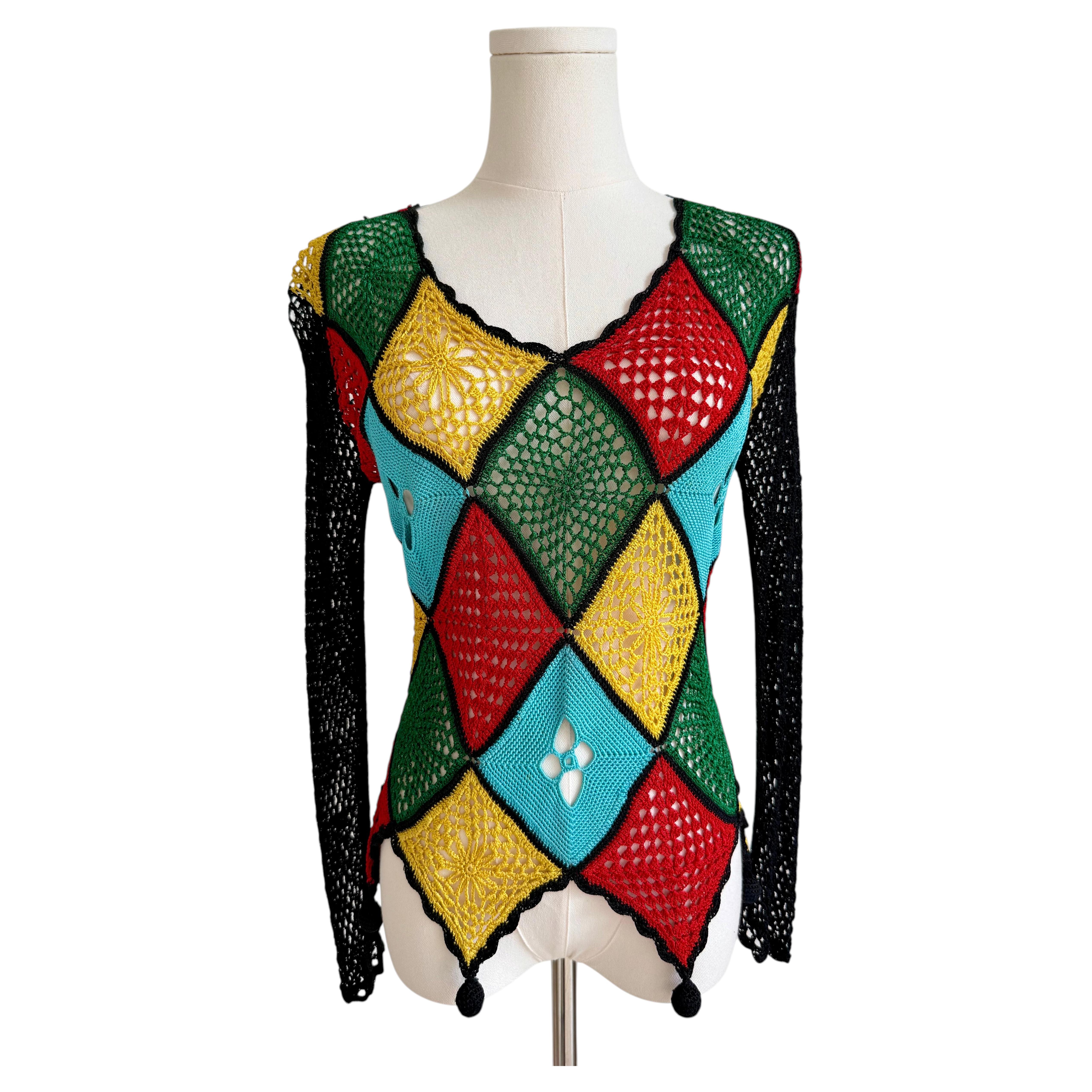 Moschino Multicolore Arlequin Crochet Patchwork Knit Top with Openwork Panels