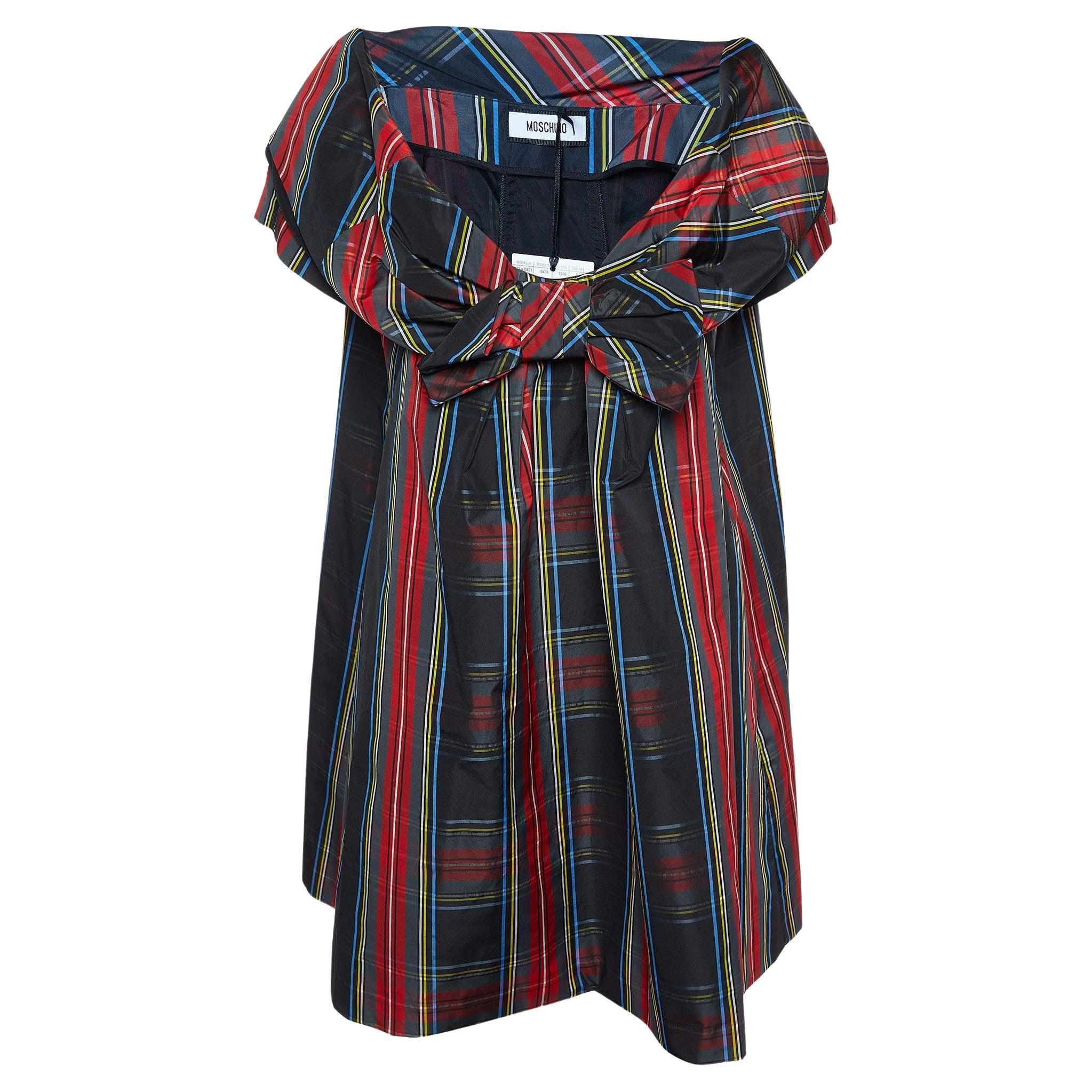 Moschino - Mini robe à carreaux multicolore en soie mélangée avec nœud papillon M en vente