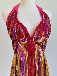 Moschino Multicolor Sequin Halter Top with Cascading Fringe