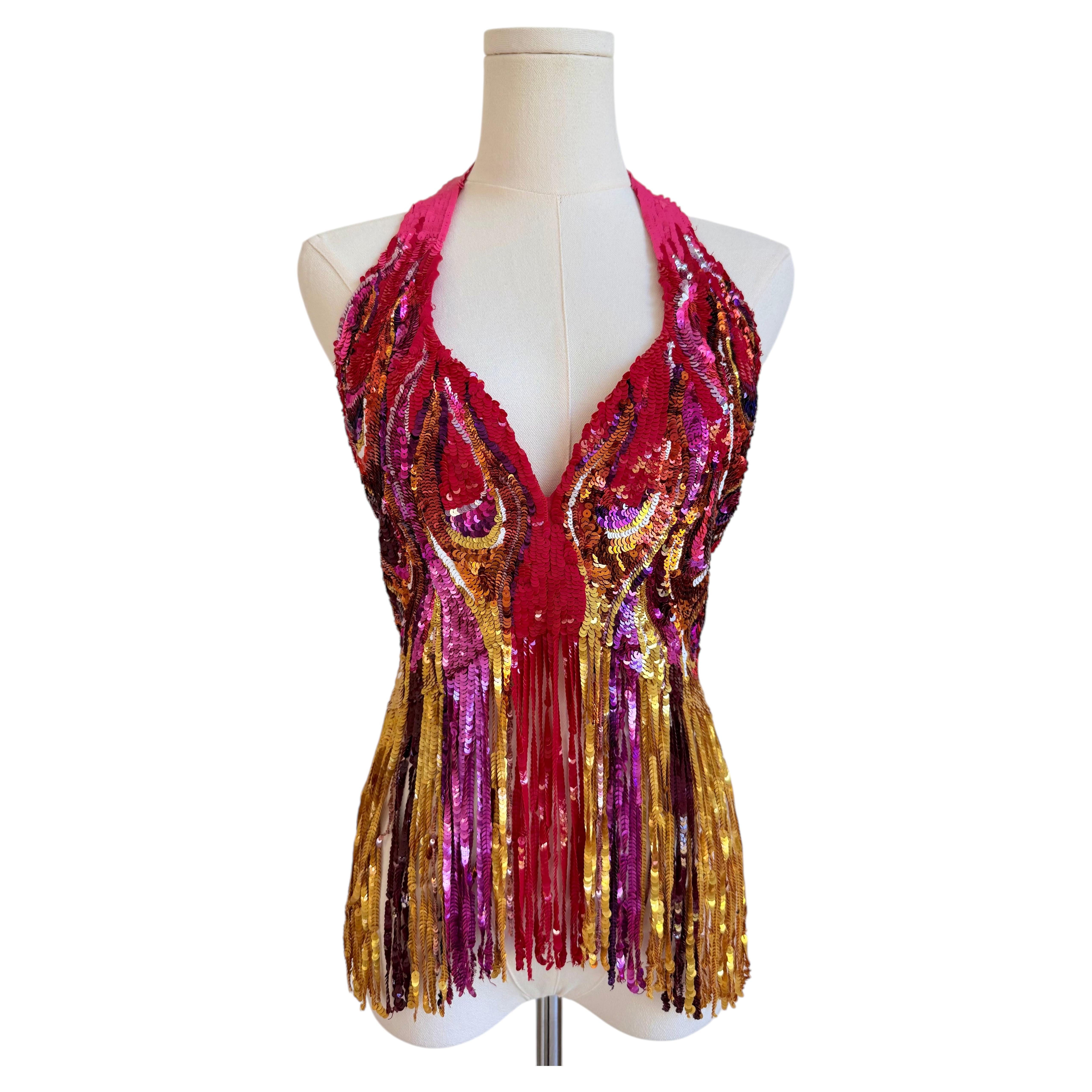 Moschino Multicolor Sequin Halter Top with Cascading Fringe For Sale