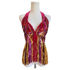 Moschino Multicolor Sequin Halter Top with Cascading Fringe