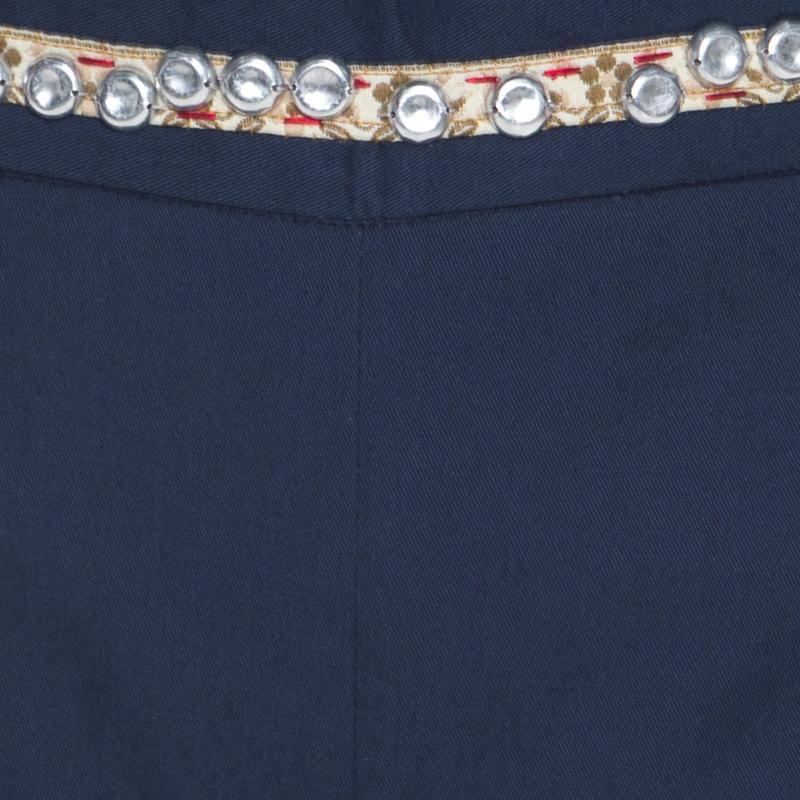 Moschino Navy Blue Cotton Embroidered Embellished Detail Fitted Trousers M For Sale 2