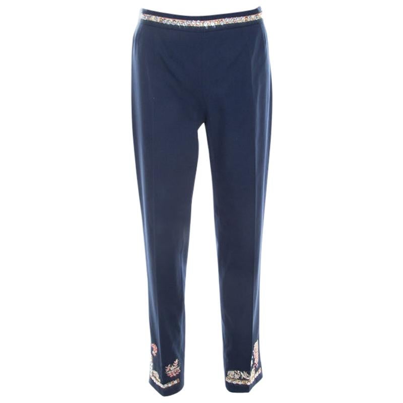 Moschino Navy Blue Cotton Embroidered Embellished Detail Fitted Trousers M For Sale