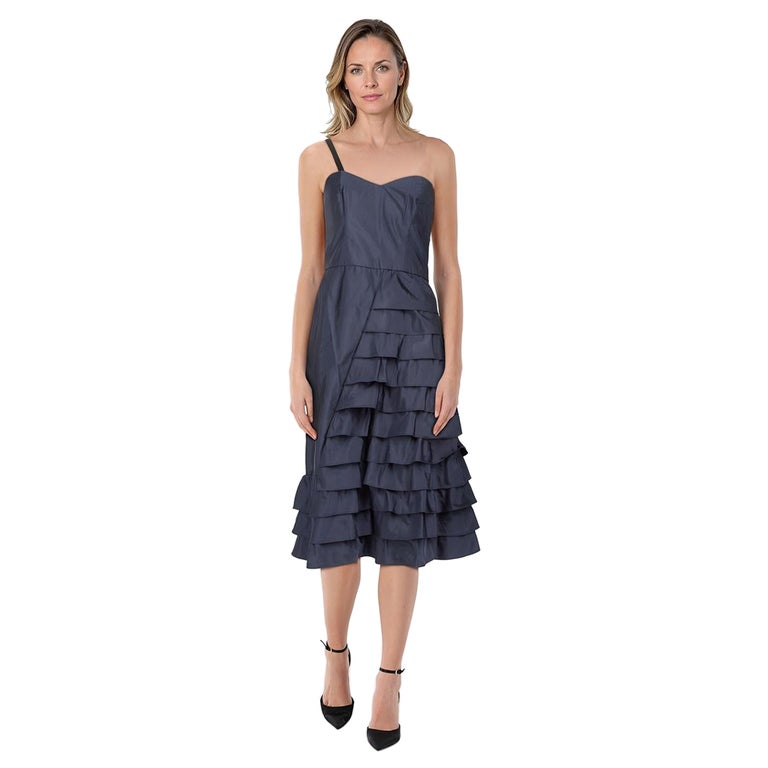 Moschino Navy Silk Ruffle Layered Midi Dress Size S For Sale at 1stDibs
