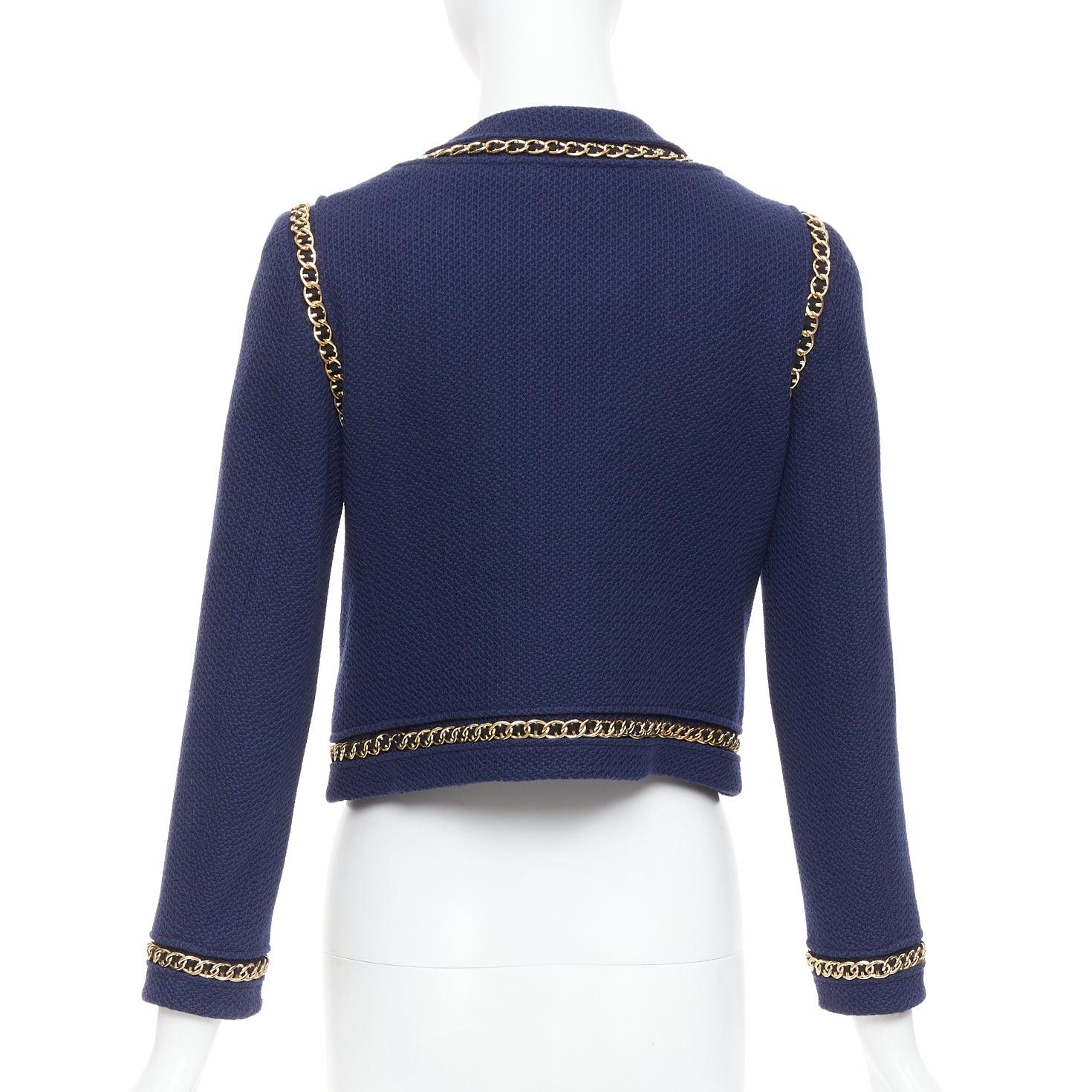 MOSCHINO giacca in tweed crema con logo in oro bianco e blu, IT40 S. in vendita 1