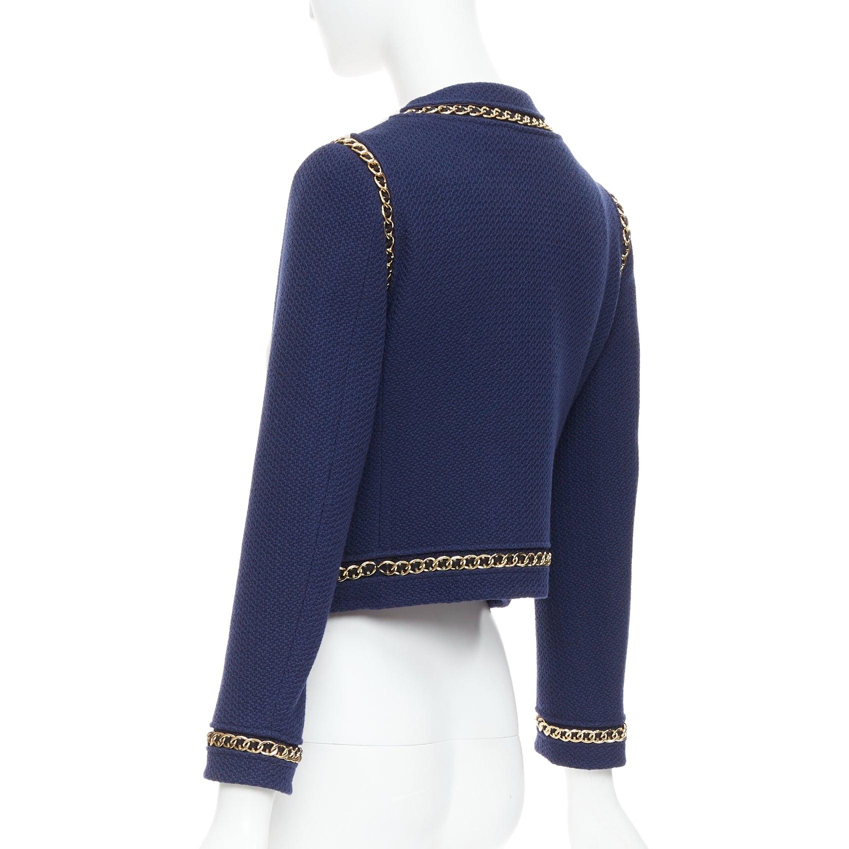 MOSCHINO giacca in tweed crema con logo in oro bianco e blu, IT40 S. in vendita 2