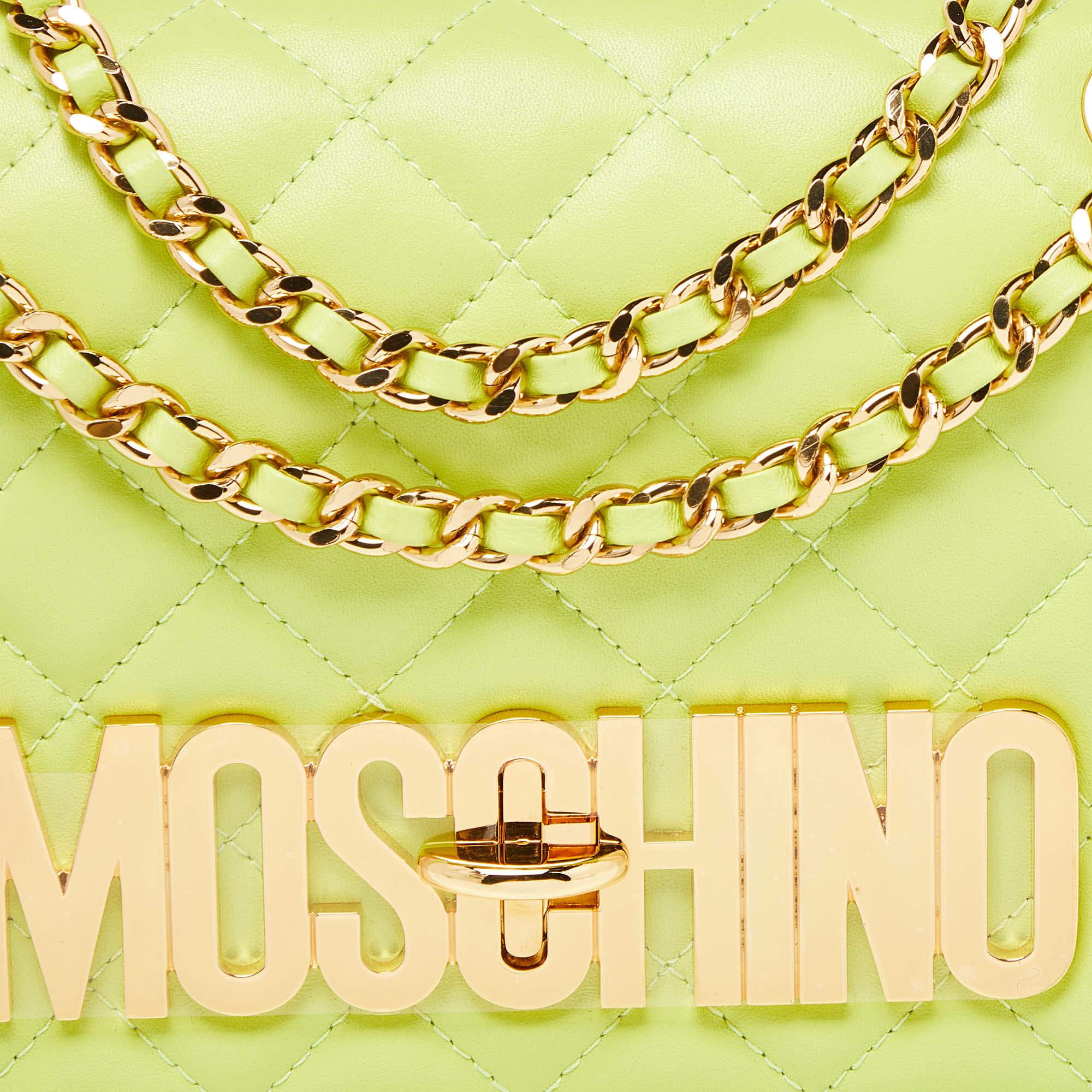 Moschino Neon Green Quilted Leather Classic Logo Flap Shoulder Bag 5