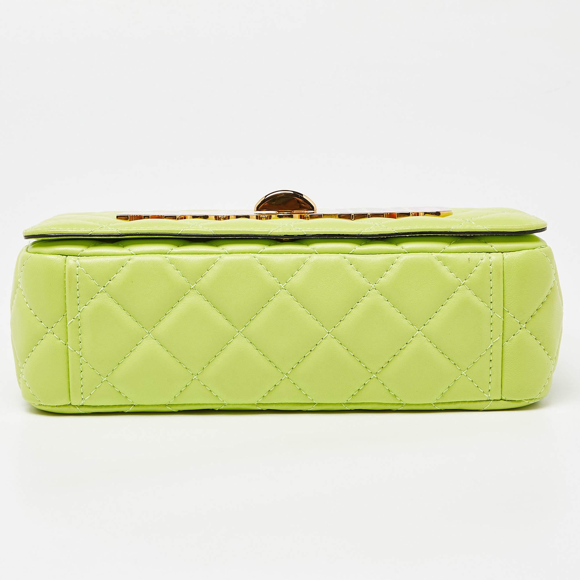 Women's Moschino Neon Green Quilted Leather Classic Logo Flap Shoulder Bag