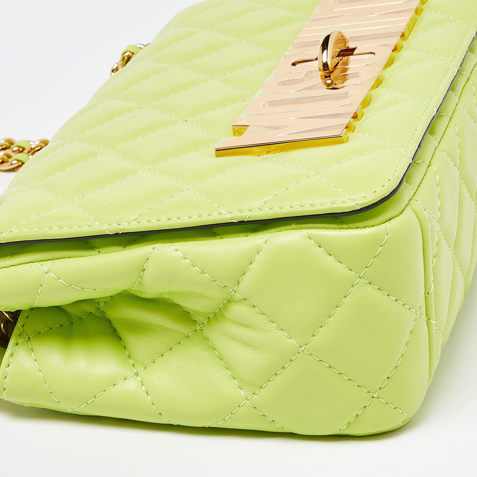 Moschino Neon Green Quilted Leather Classic Logo Flap Shoulder Bag 1
