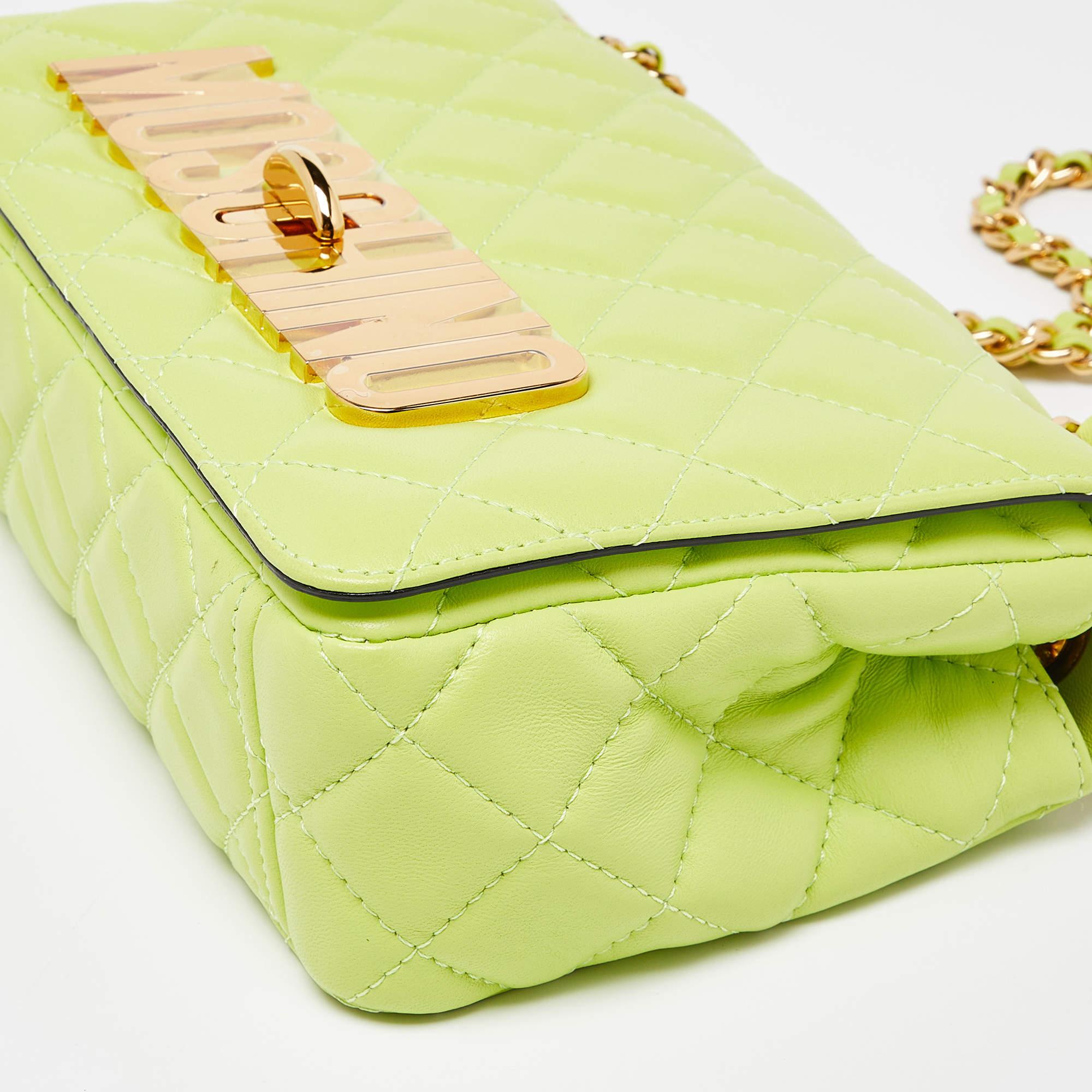 Moschino Neon Green Quilted Leather Classic Logo Flap Shoulder Bag 2