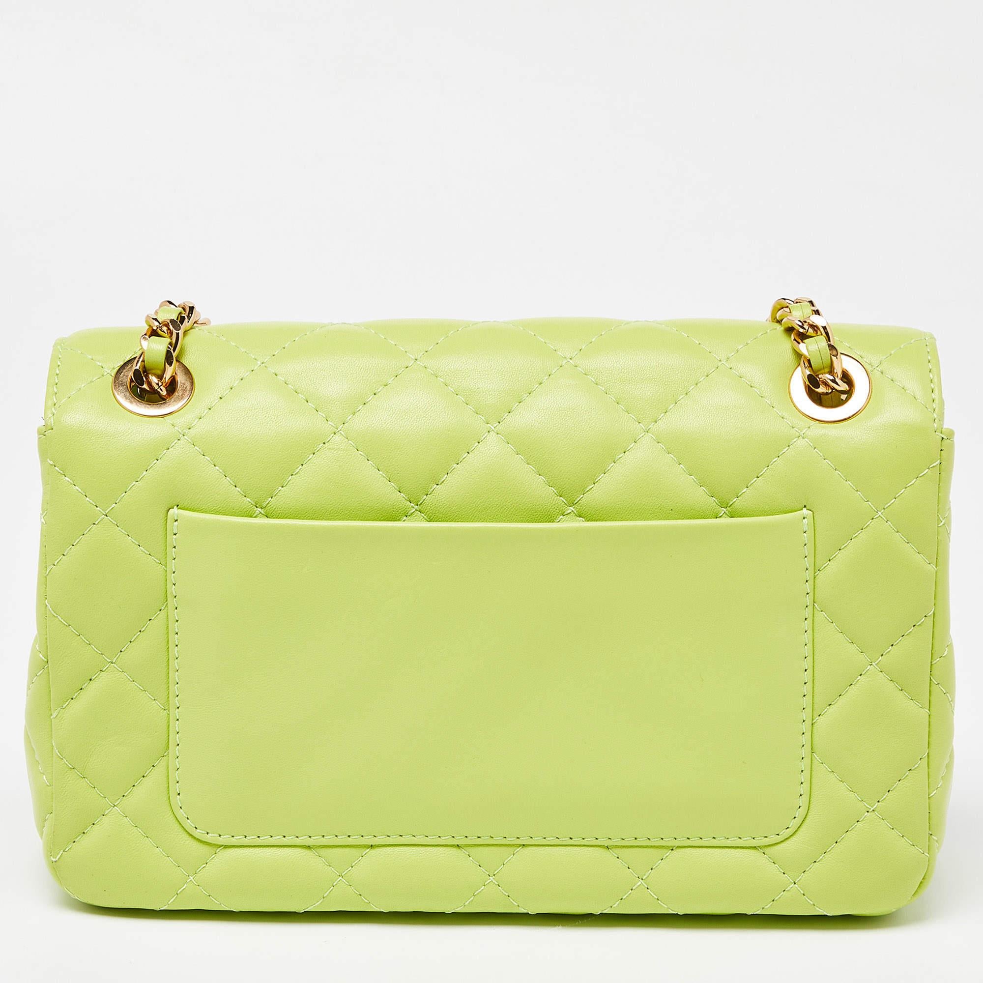 Moschino Neon Green Quilted Leather Classic Logo Flap Shoulder Bag 3