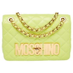 Moschino Neon Green Quilted Leather Classic Logo Flap Shoulder Bag