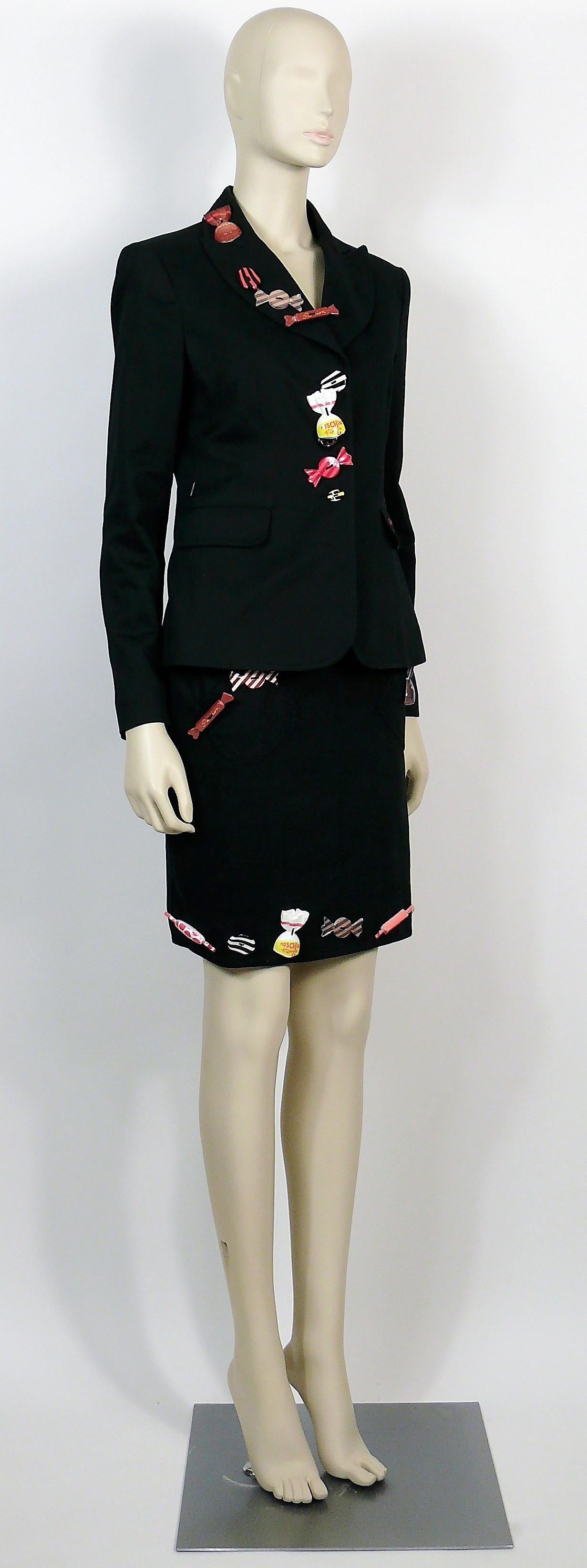 MOSCHINO vintage black blazer and skirt ensemble embellished with colourful resin candies and embroidered slogan 