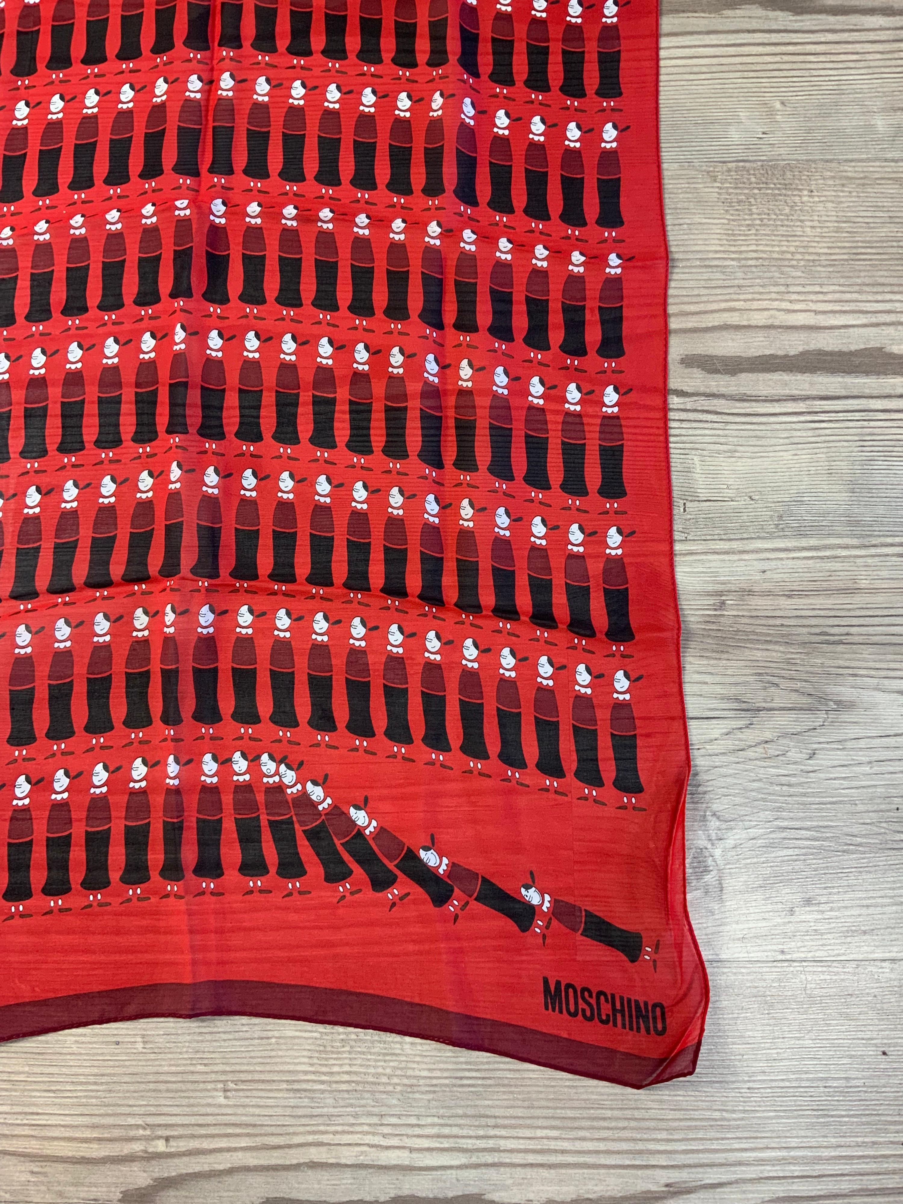 Moschino vintage foulard. About 2000s.
Features Olive Oyl print. Vibrant red colors. 
100% silk by Larioseta Como. Made in Italy 
Measurements:
160 cm X 47 cm
Conditions: Good - Previously owned and gently worn, with little signs of use. May show