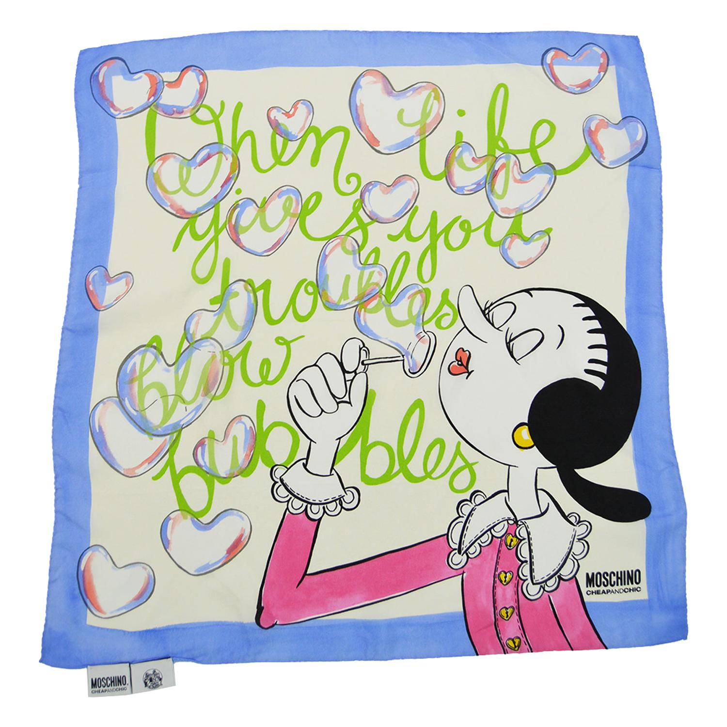 Moschino Olive Oyl 'When Life Gives You Troubles' Printed Silk Square Scarf  at 1stDibs | moschino olive oyl scarf