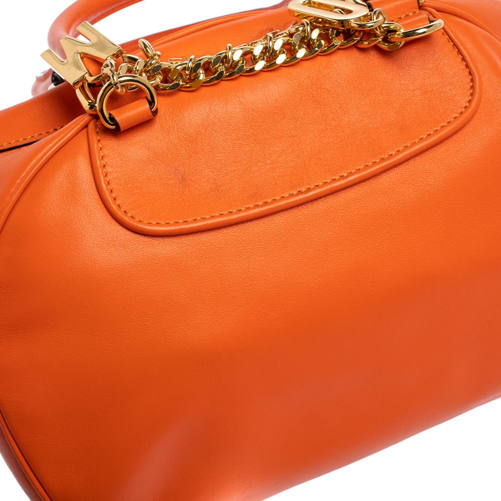 Moschino Orange Leather Logo Charm Bowling Bag 3