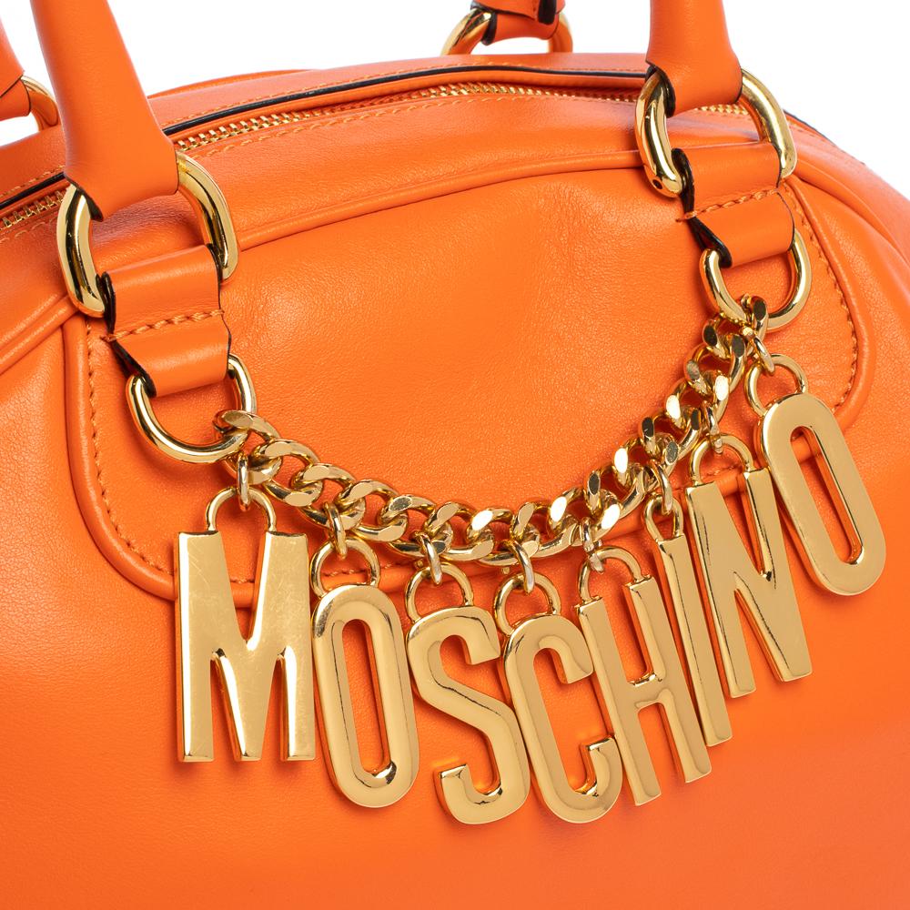 Moschino Orange Leather Logo Charm Bowling Bag 6