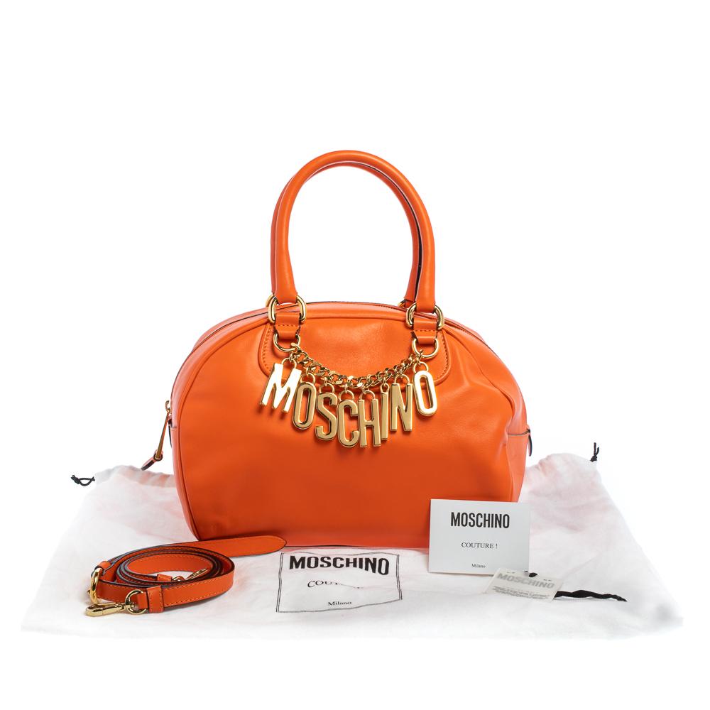 Moschino Orange Leather Logo Charm Bowling Bag 7