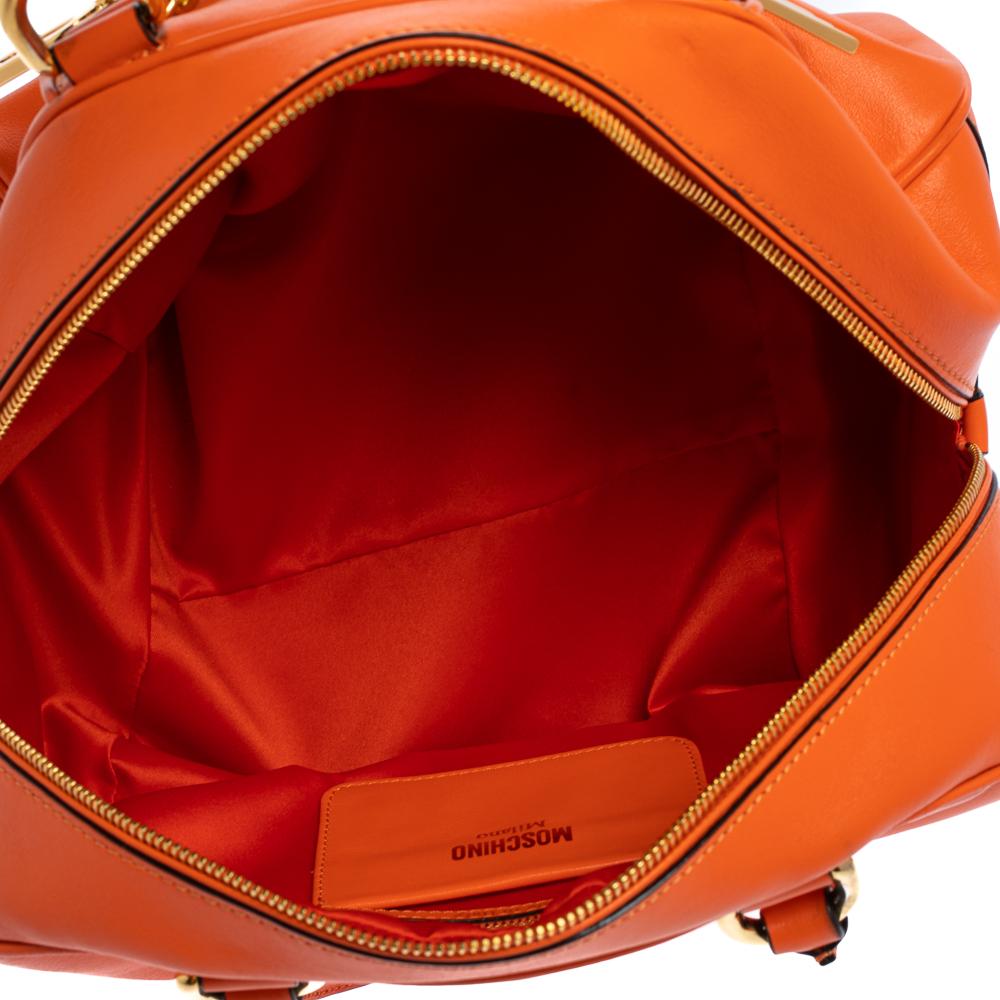 Moschino Orange Leather Logo Charm Bowling Bag In Good Condition In Dubai, Al Qouz 2