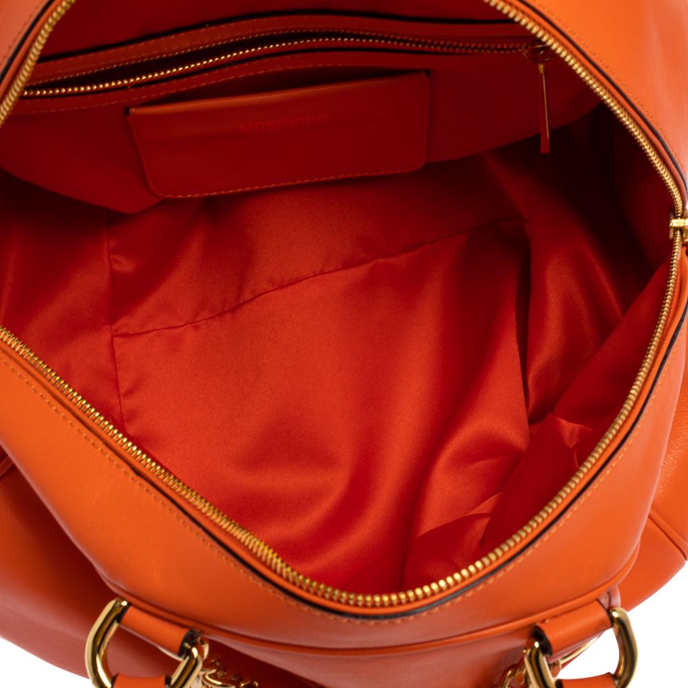 Women's Moschino Orange Leather Logo Charm Bowling Bag