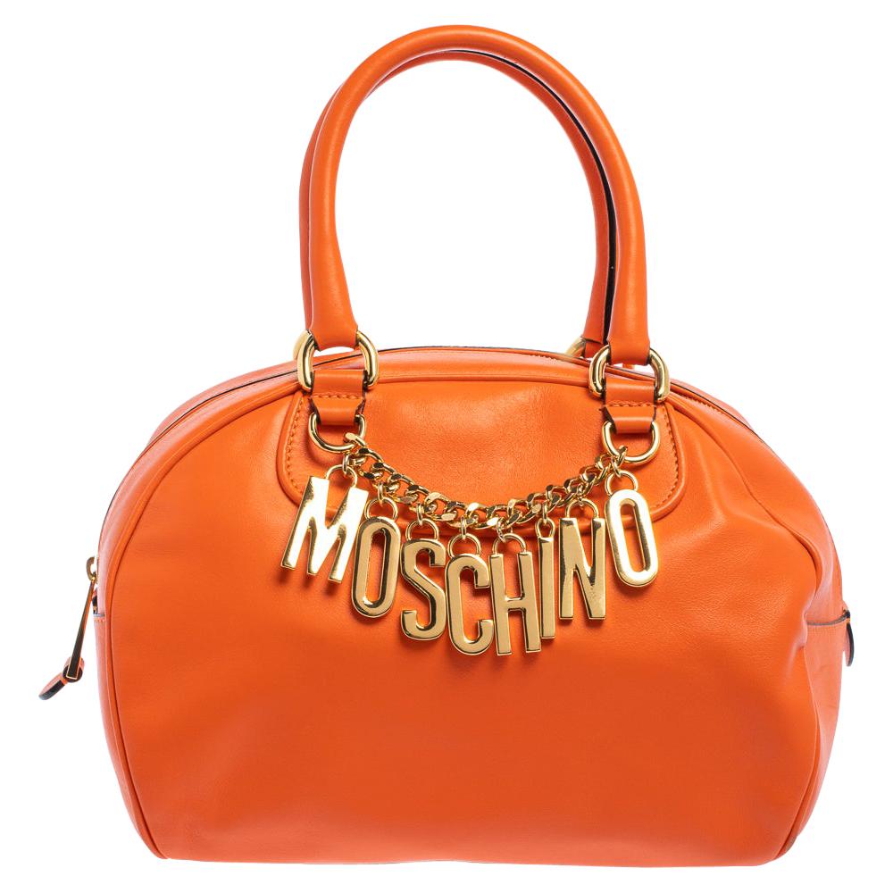 Moschino Orange Leather Logo Charm Bowling Bag