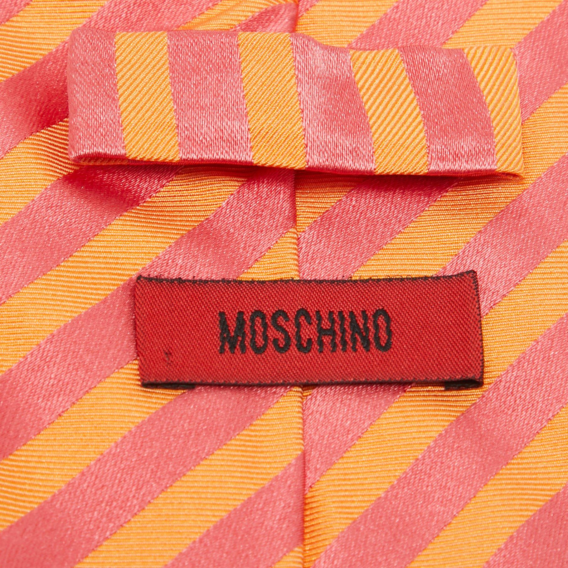 Moschino Orange/Pink Diagonal Striped Silk Tie In New Condition For Sale In Dubai, Al Qouz 2