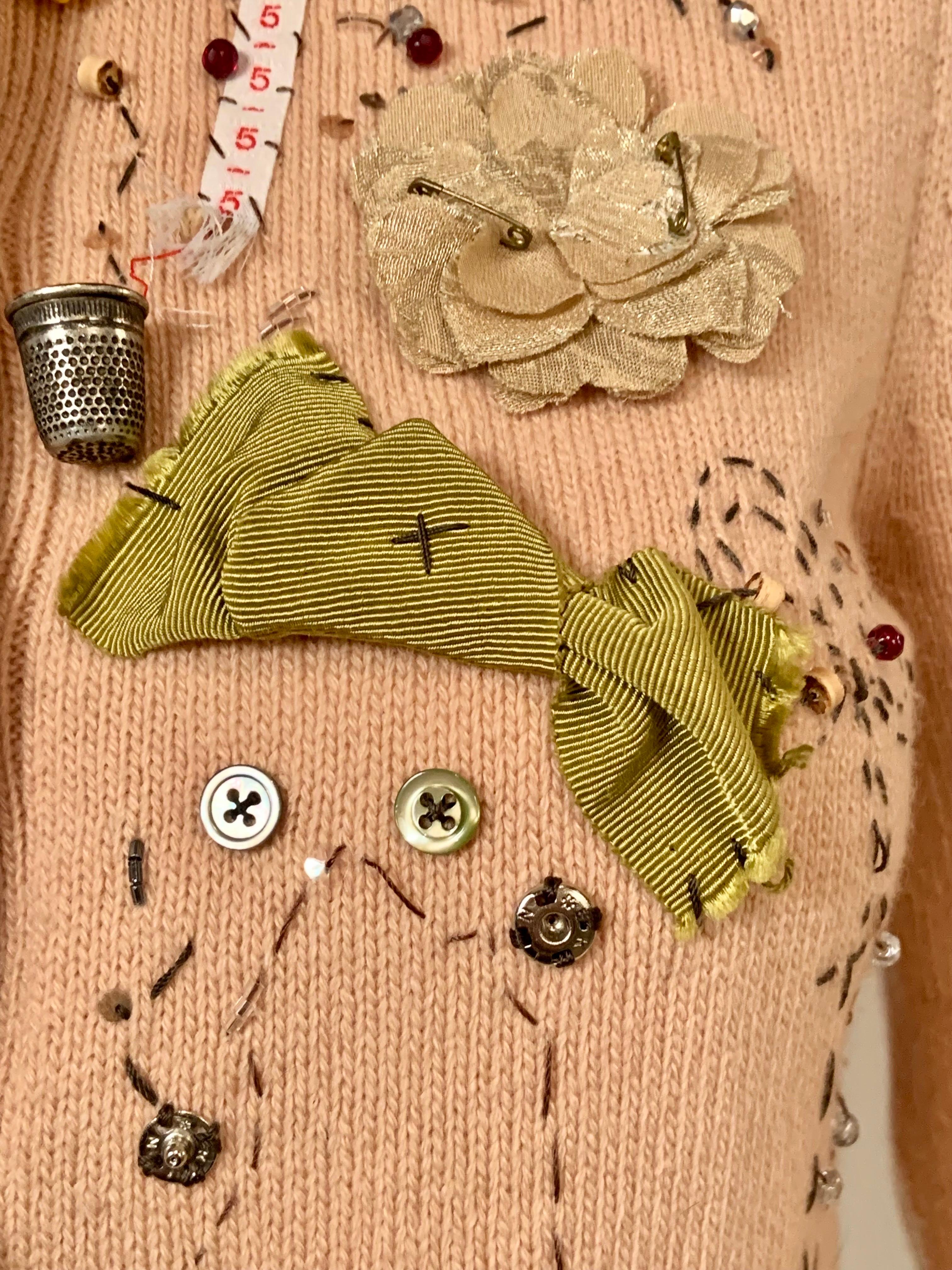 Moschino Pale Pink Cashmere Sweater Appliqued Sewing Theme In Excellent Condition For Sale In New Hope, PA