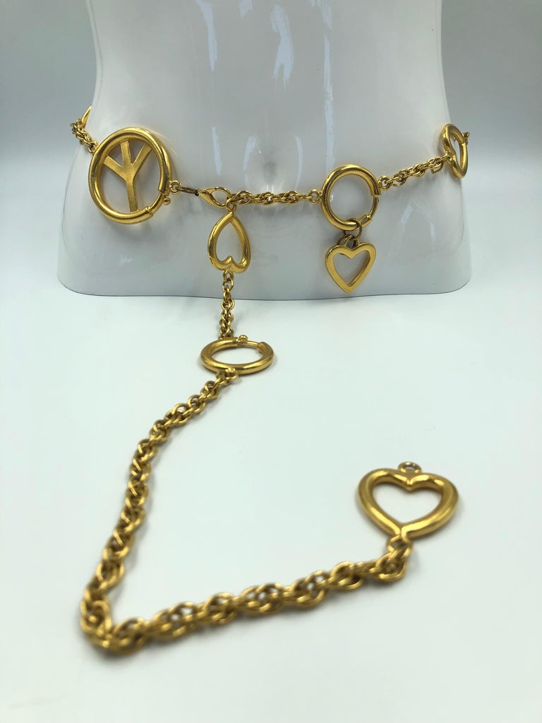 Moschino Peace Sign Gold Tone Metal Chain Belt For Sale at 1stDibs
